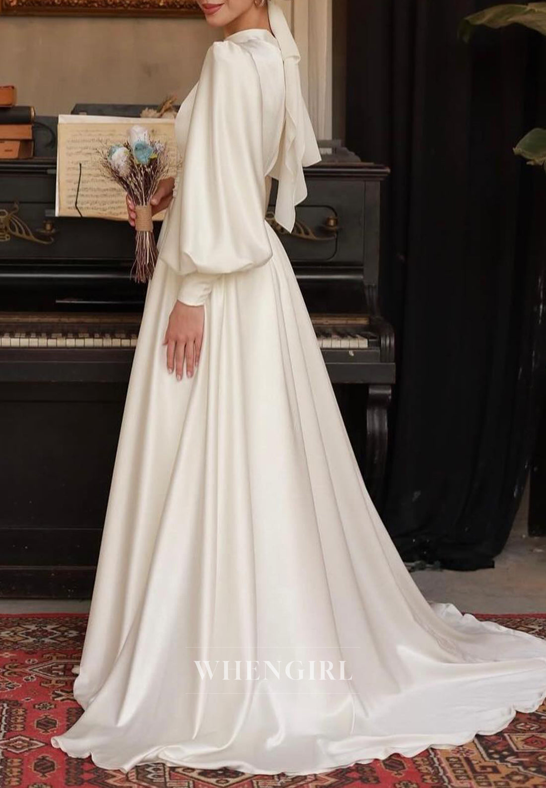 Simple Long Sleeves High Neck A-Line Sweep Train Satin Wedding Dress