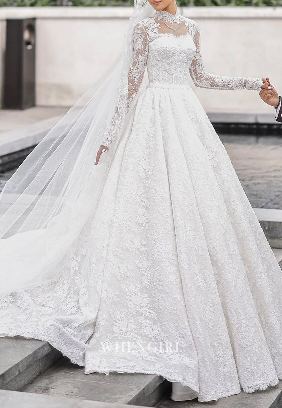 High Neck Long Sleeves Appliqued Lace Beaded A-Line Court Train Wedding Dress