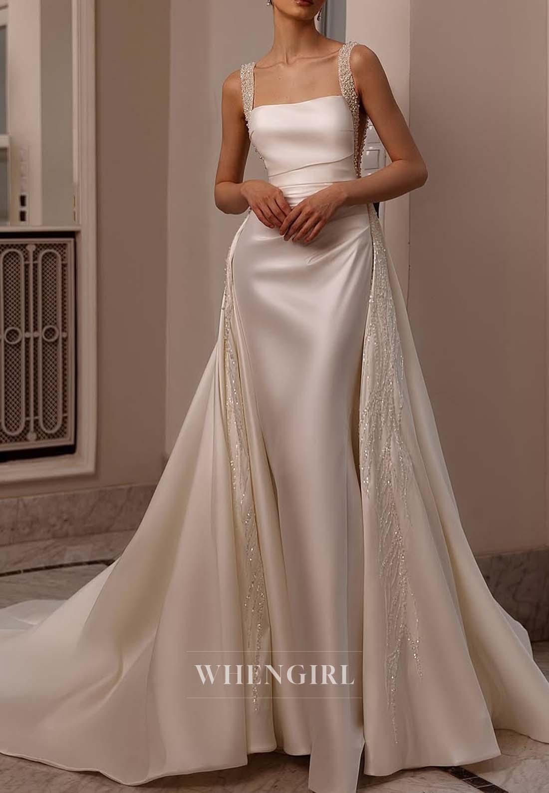 Sheath Satin Sleeveless Square Neck Beaded Court Train Back Zipper Wedding Dress