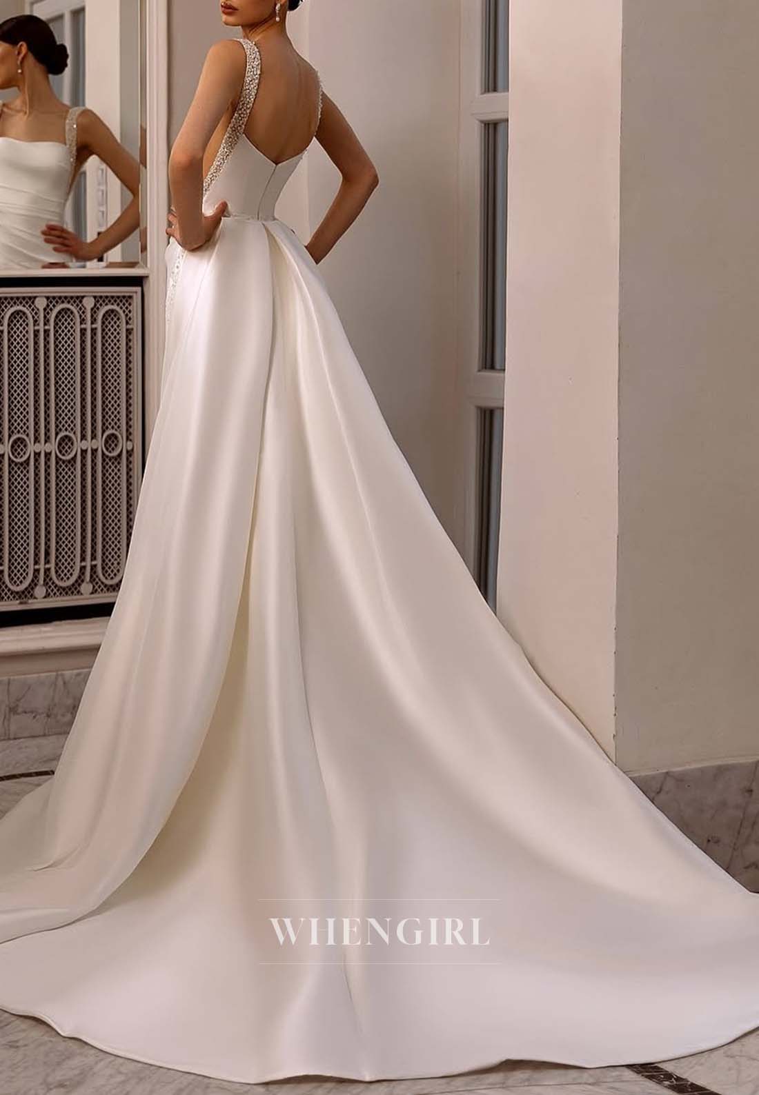 Sheath Satin Sleeveless Square Neck Beaded Court Train Back Zipper Wedding Dress