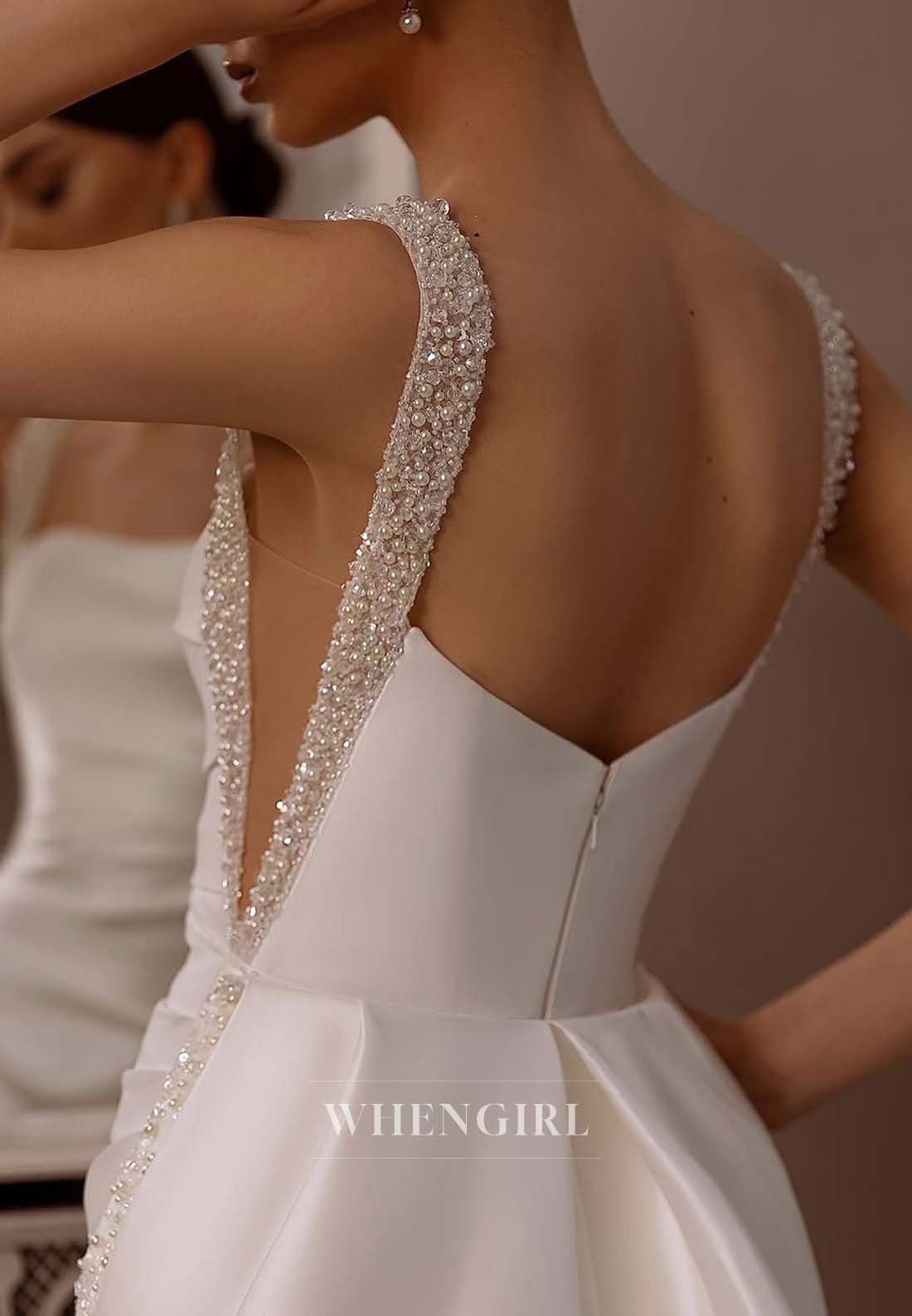Sheath Satin Sleeveless Square Neck Beaded Court Train Back Zipper Wedding Dress