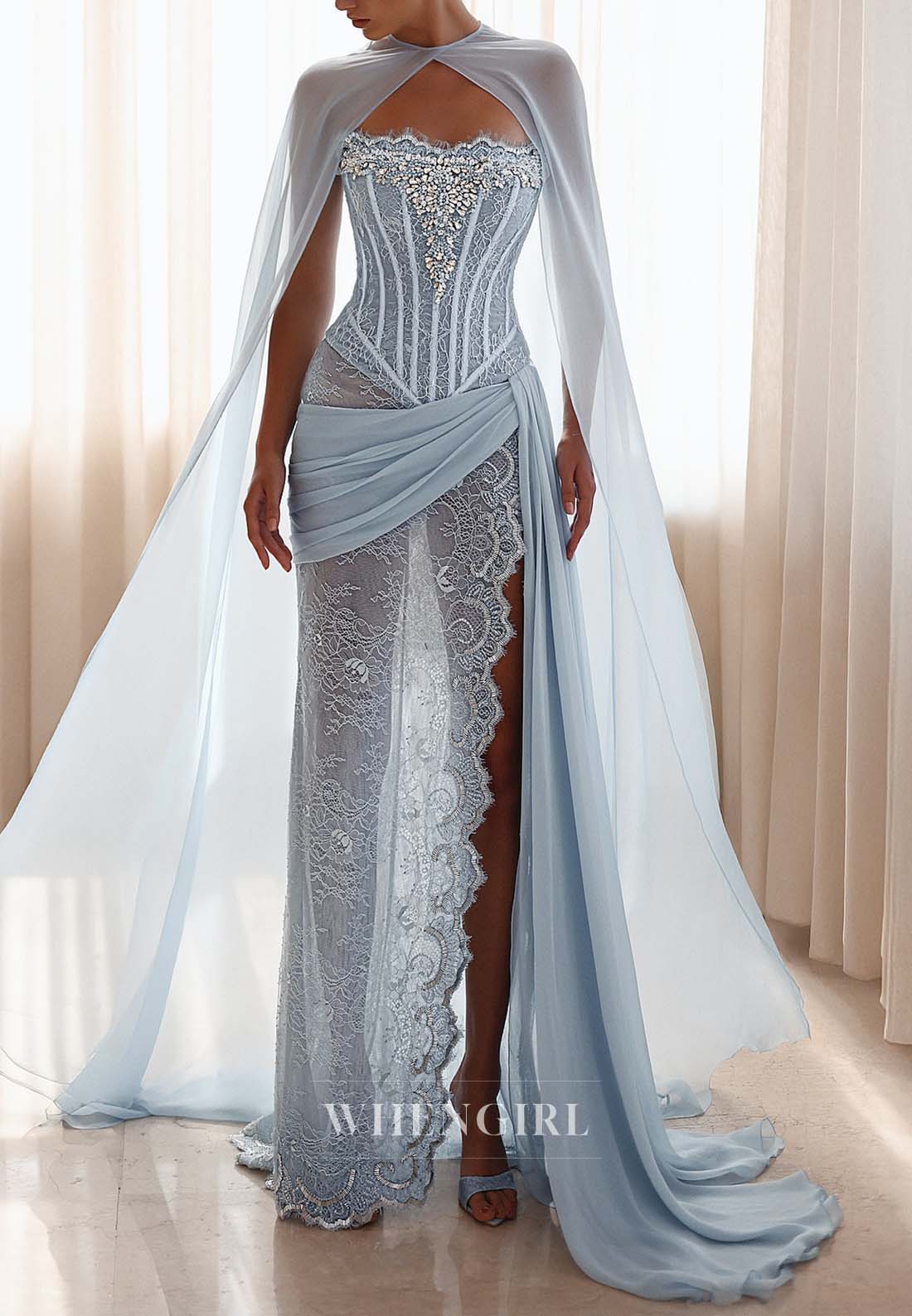 Light Blue Beaded Sheath Sleeveless Pleated High Side Slit Formal Evening Dress with Cape and Train