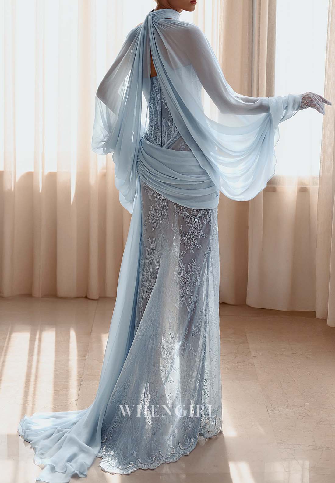 Light Blue Beaded Sheath Sleeveless Pleated High Side Slit Formal Evening Dress with Cape and Train