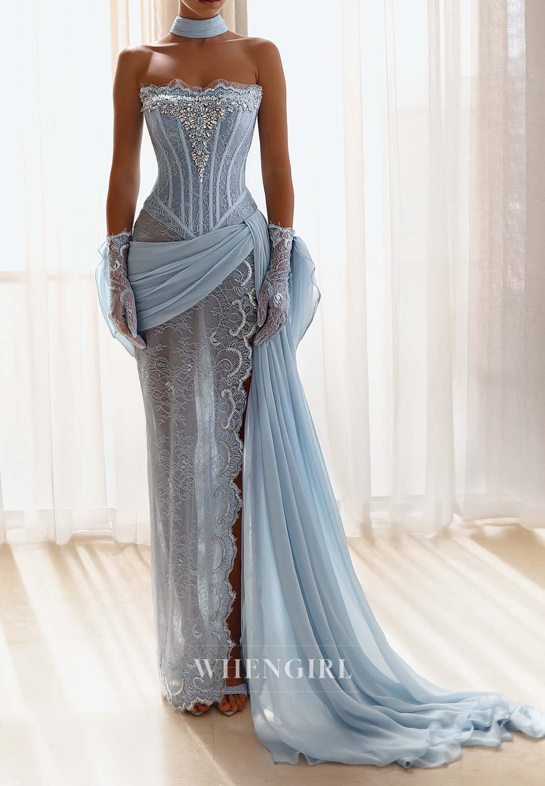 Light Blue Beaded Sheath Sleeveless Pleated High Side Slit Formal Evening Dress with Cape and Train