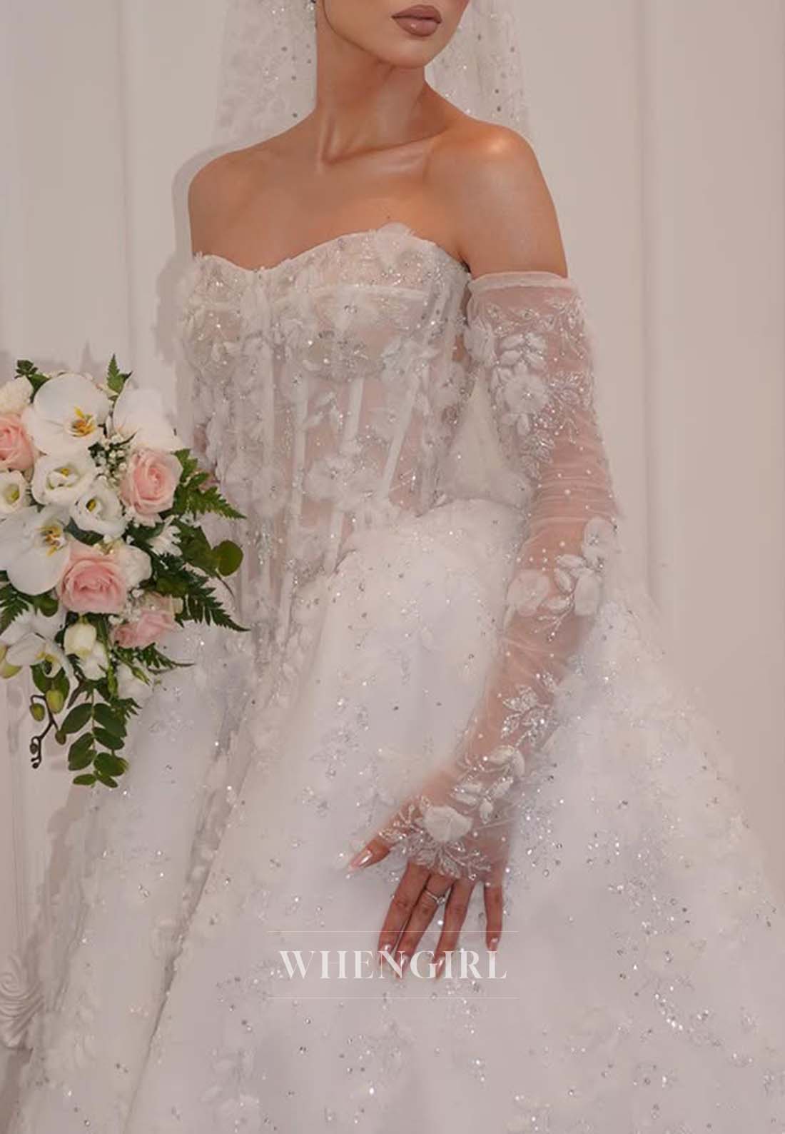 Ball Gown Sweetheart Long Sleeves Appliqued Lace Court Train Wedding Dress with Veil