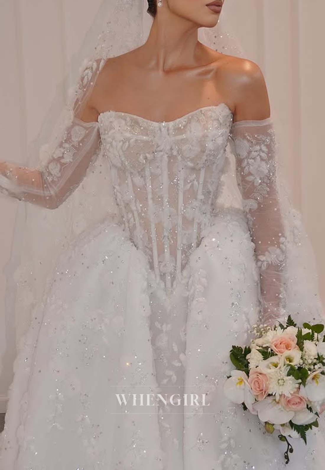 Ball Gown Sweetheart Long Sleeves Appliqued Lace Court Train Wedding Dress with Veil