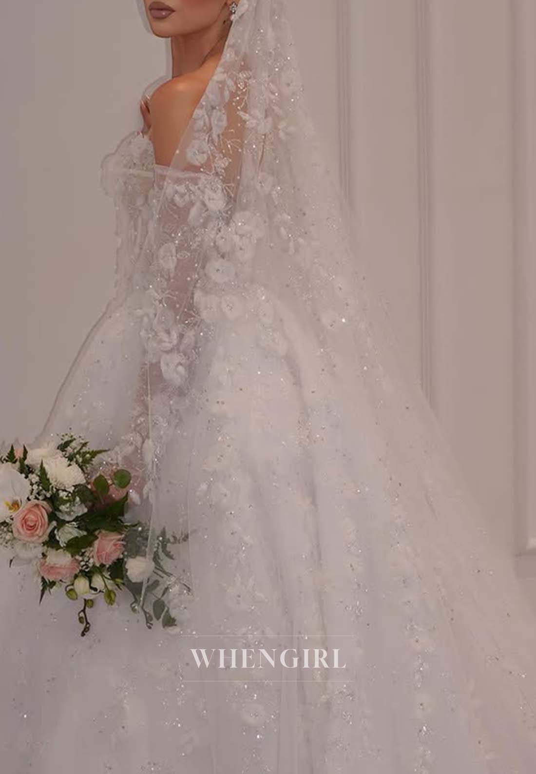 Ball Gown Sweetheart Long Sleeves Appliqued Lace Court Train Wedding Dress with Veil