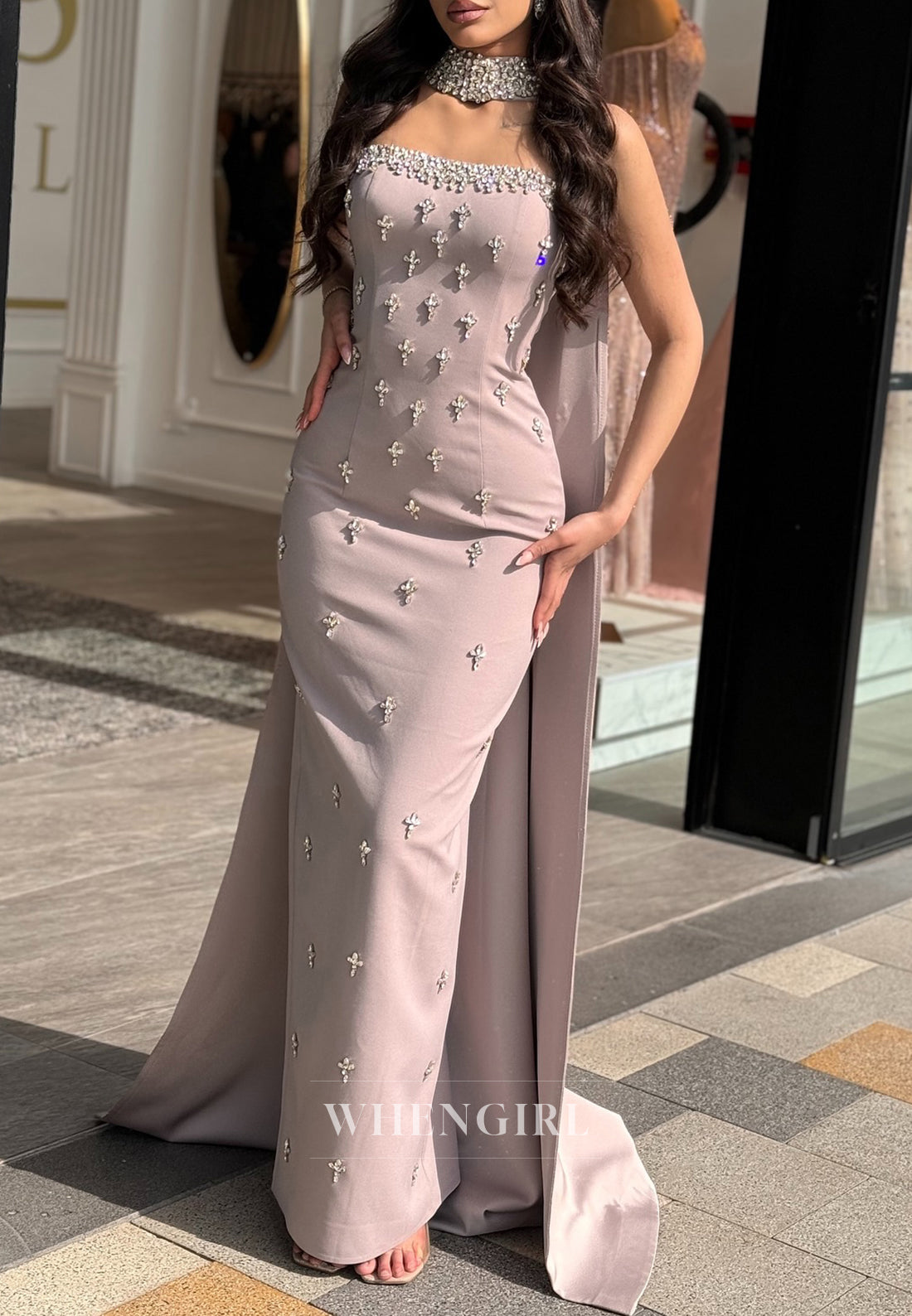 Sheath Vintage Mauve Tube Top Sleeveless Beaded Formal Evening Dress with Shawl