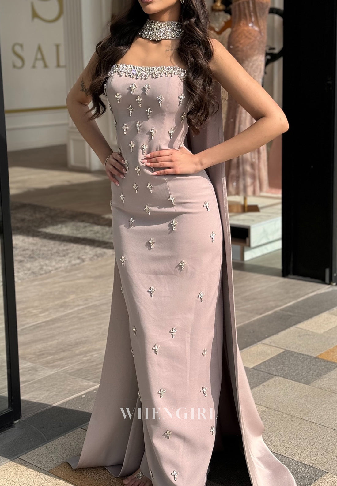 Sheath Vintage Mauve Tube Top Sleeveless Beaded Formal Evening Dress with Shawl