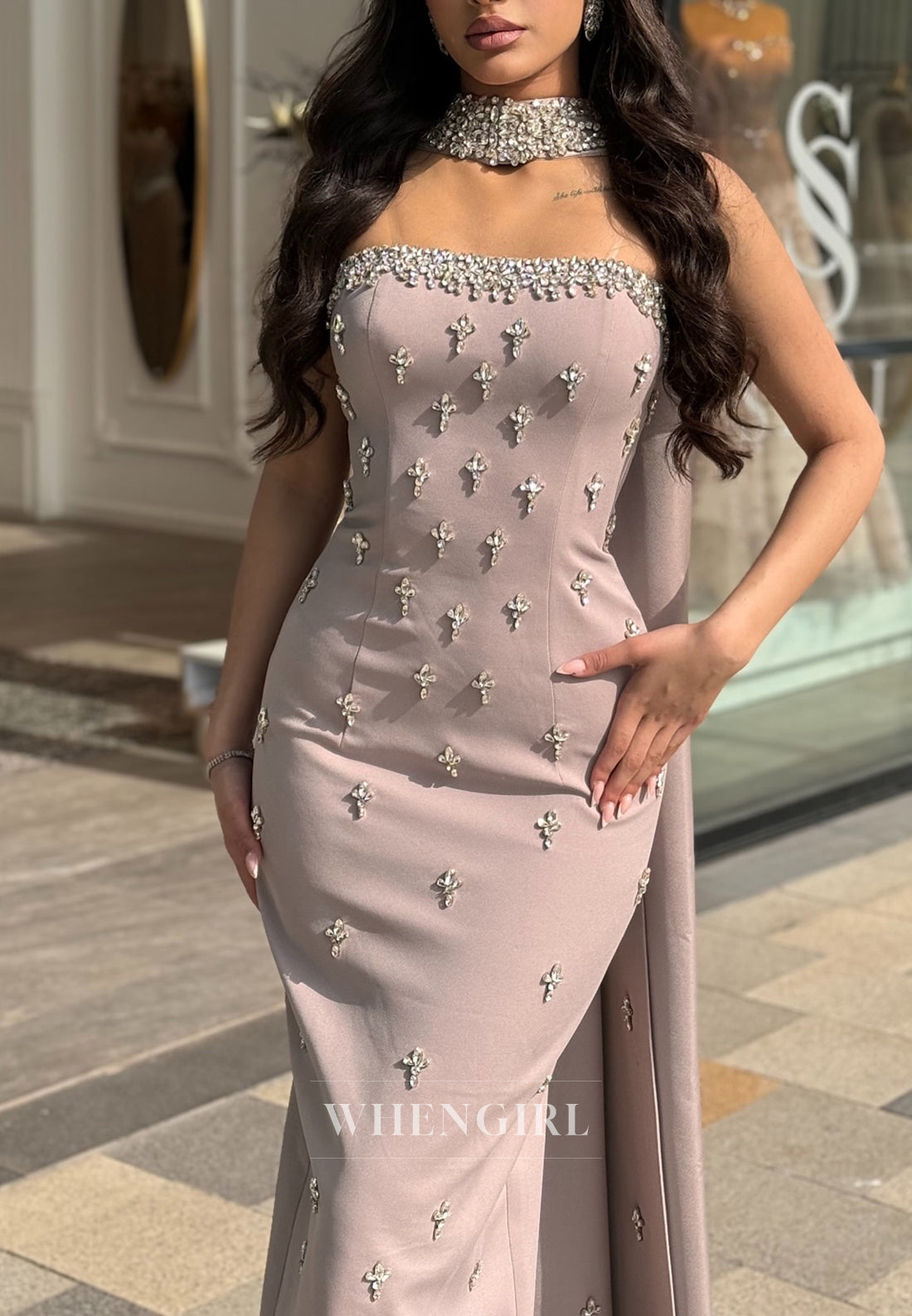 Sheath Vintage Mauve Tube Top Sleeveless Beaded Formal Evening Dress with Shawl
