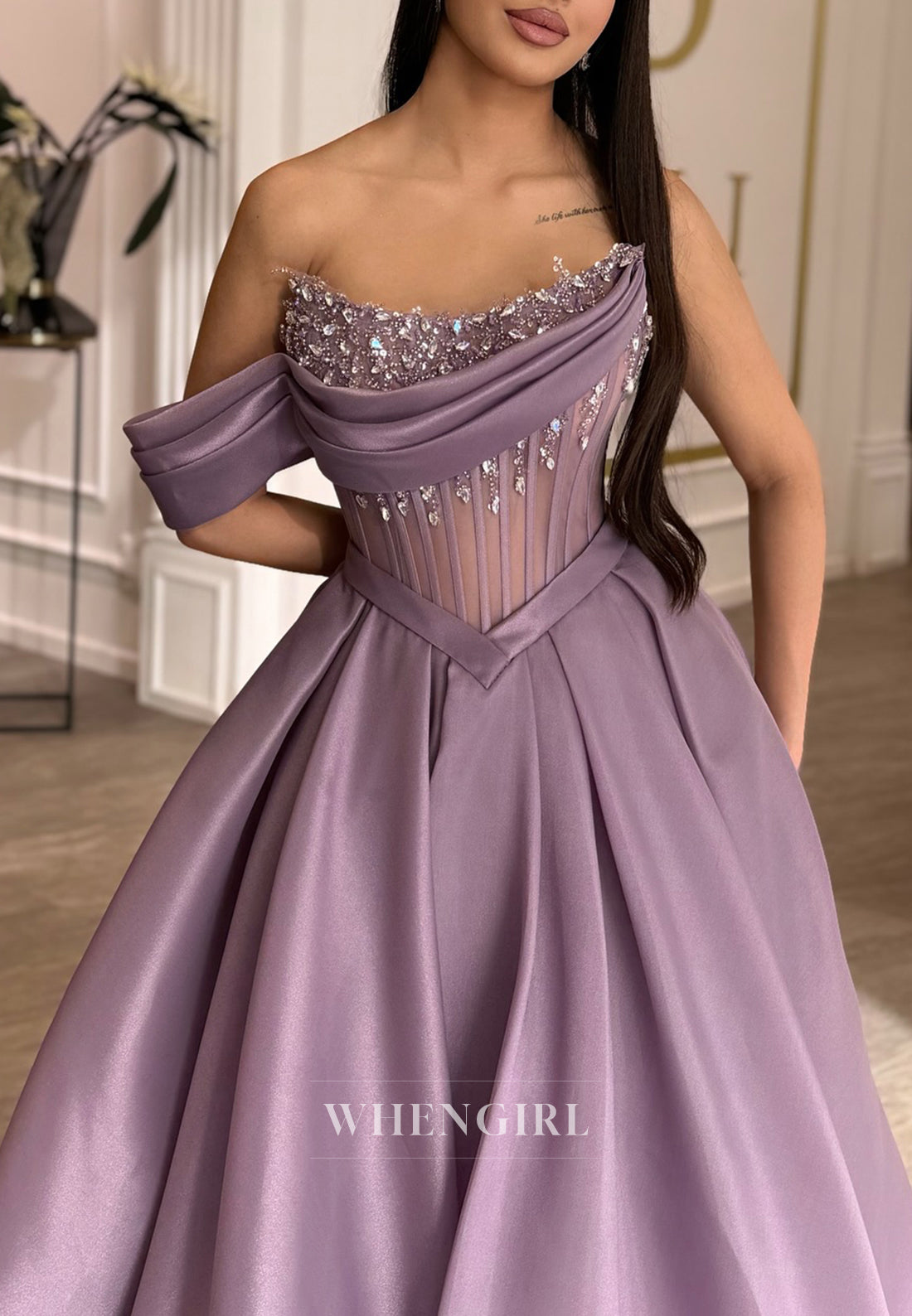 Lilac A-Line Pleates One Shoulder Sleeveless Beaded Formal Evening Dress
