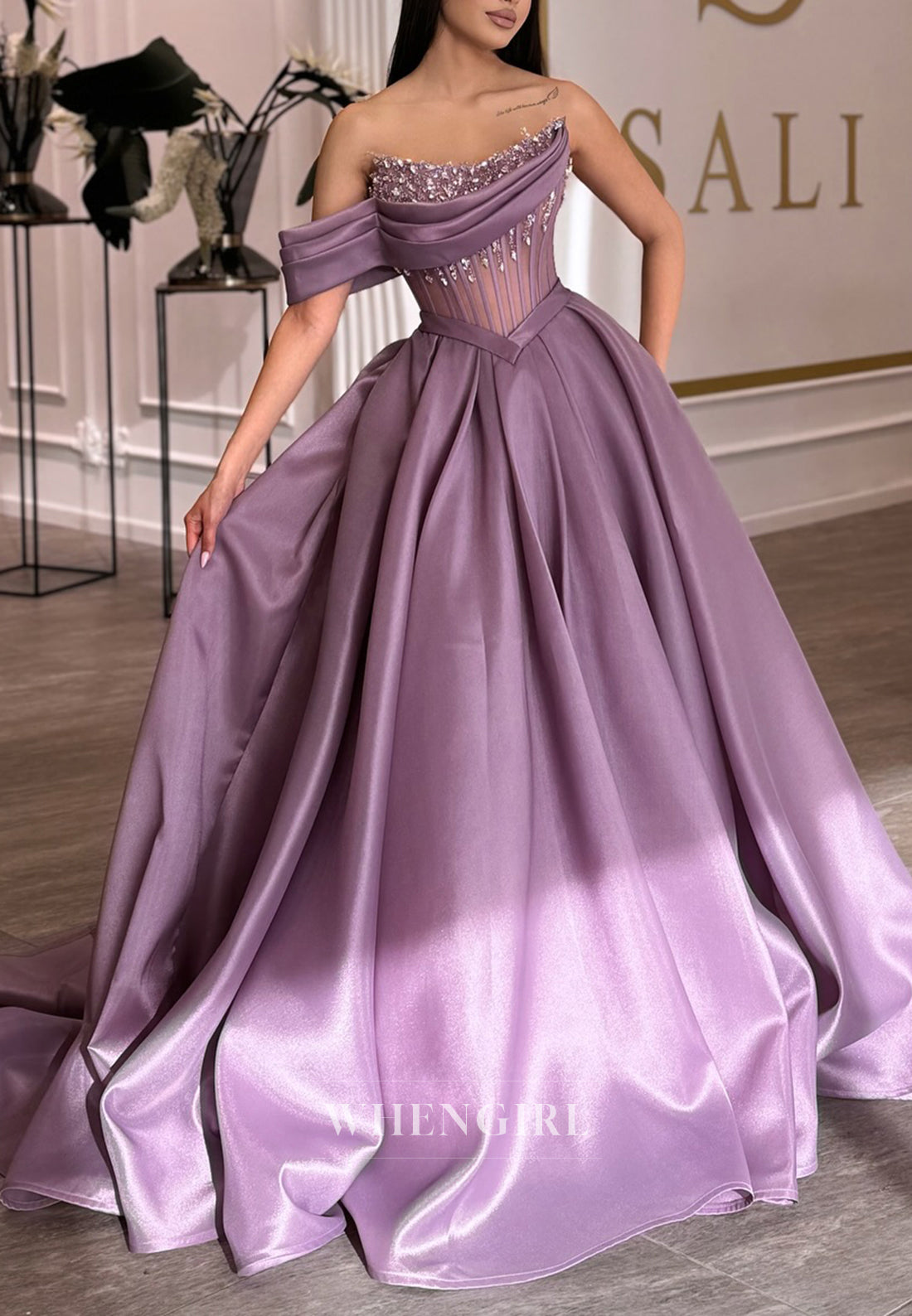 Lilac A-Line Pleates One Shoulder Sleeveless Beaded Formal Evening Dress