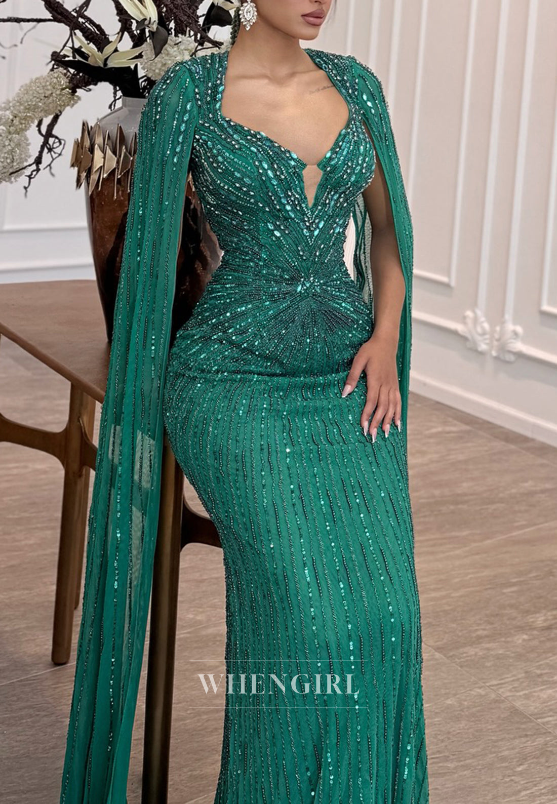 Teal Beaded Asymmetrical Neck Long Sleeves Sheath Floor Length Evening Formal Dress