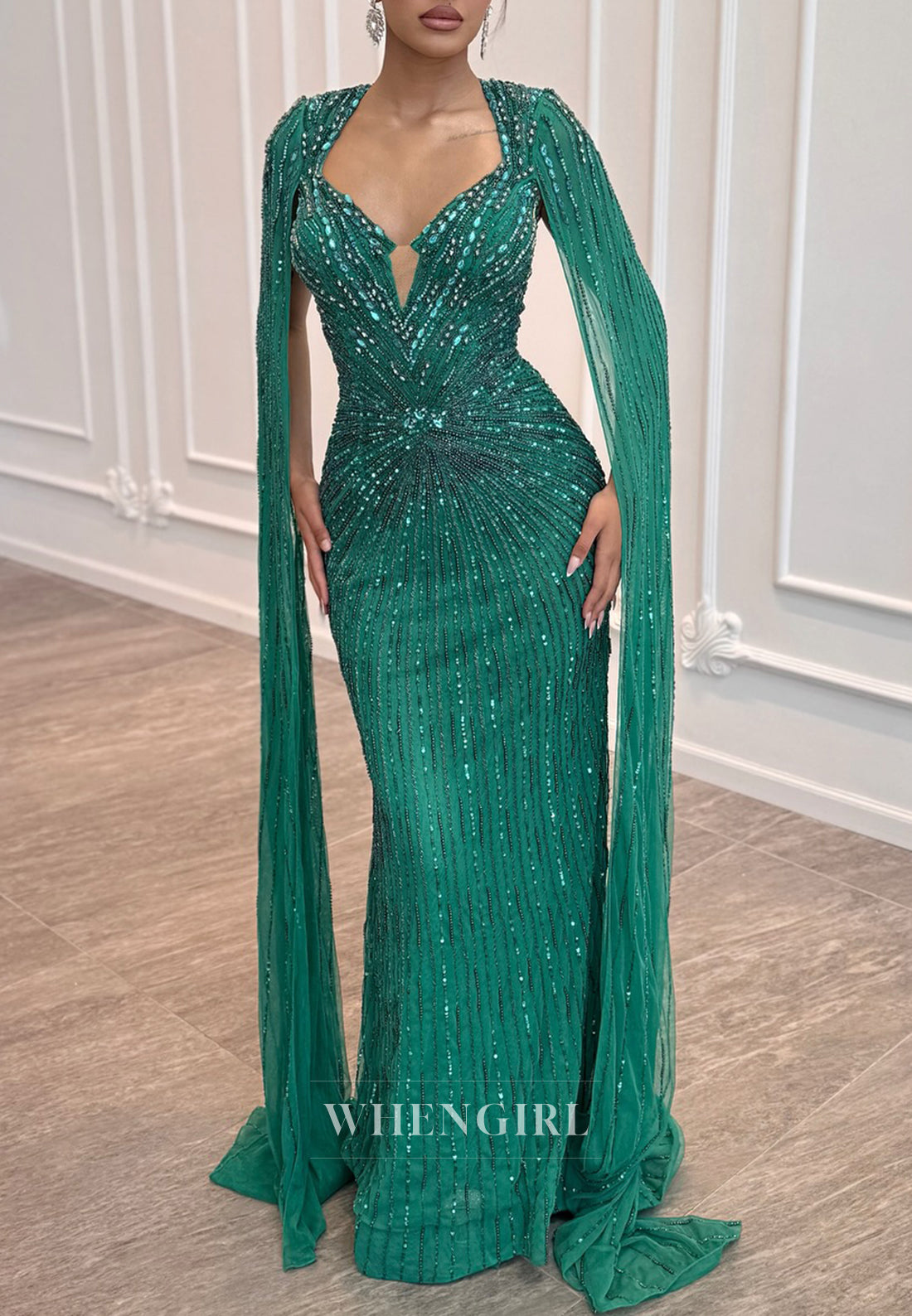 Teal Beaded Asymmetrical Neck Long Sleeves Sheath Floor Length Evening Formal Dress