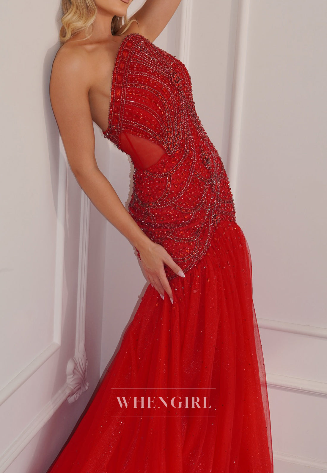 Red Tube Top Sleeveless Beaded Mermaid Evening Formal Dress with Court Train