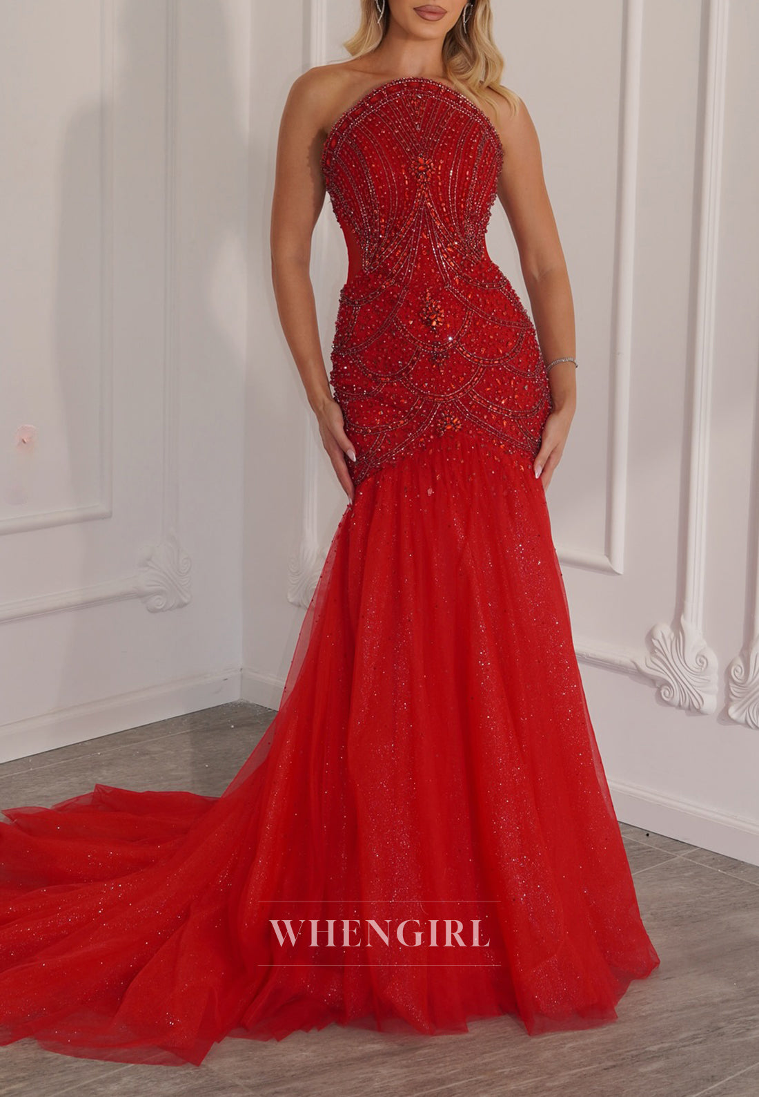 Red Tube Top Sleeveless Beaded Mermaid Evening Formal Dress with Court Train