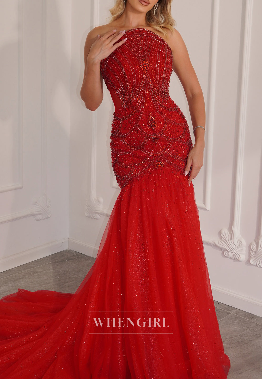 Red Tube Top Sleeveless Beaded Mermaid Evening Formal Dress with Court Train
