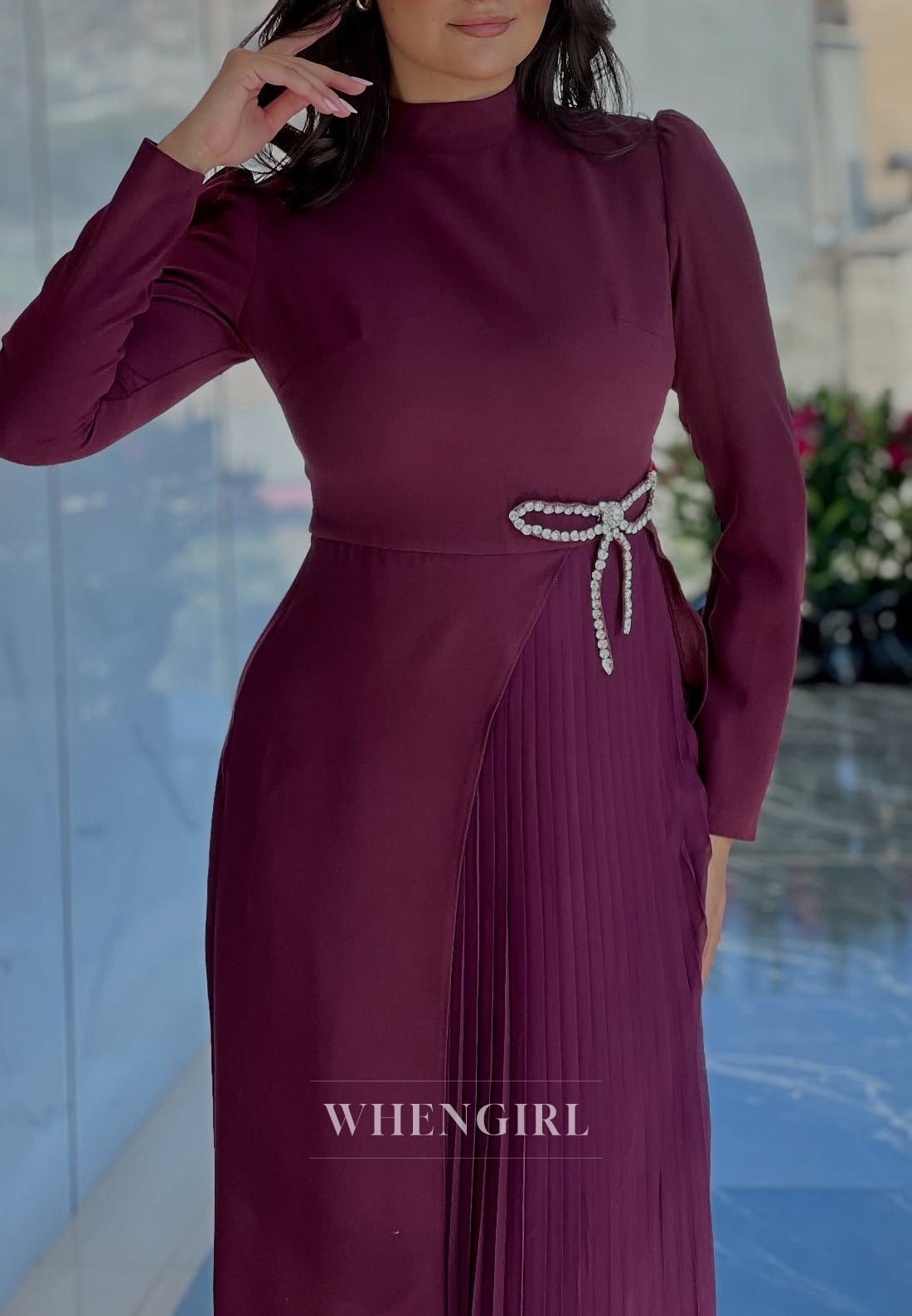 Sheath Orchid High Neck Long Sleeves Pleated Bowknot Mother of the Bride Dress