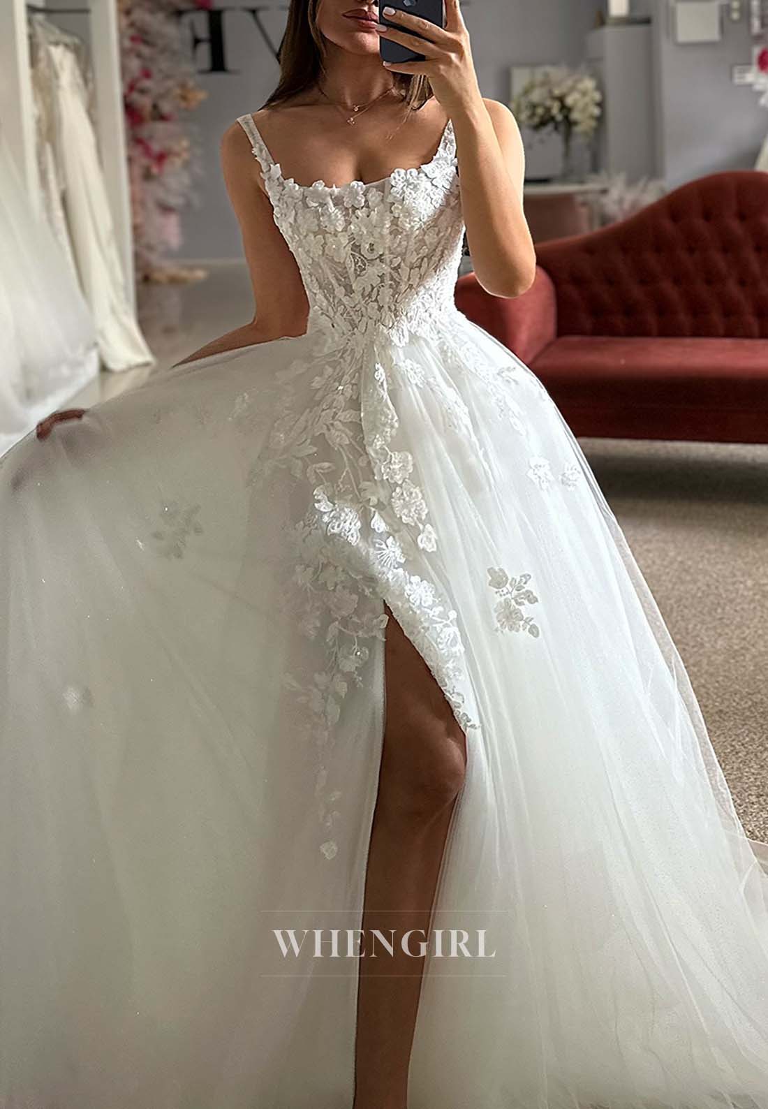 Bateau Neck Sleeveless Appliqued Tulle A-Line Side Slit Wedding Dress with Court Train