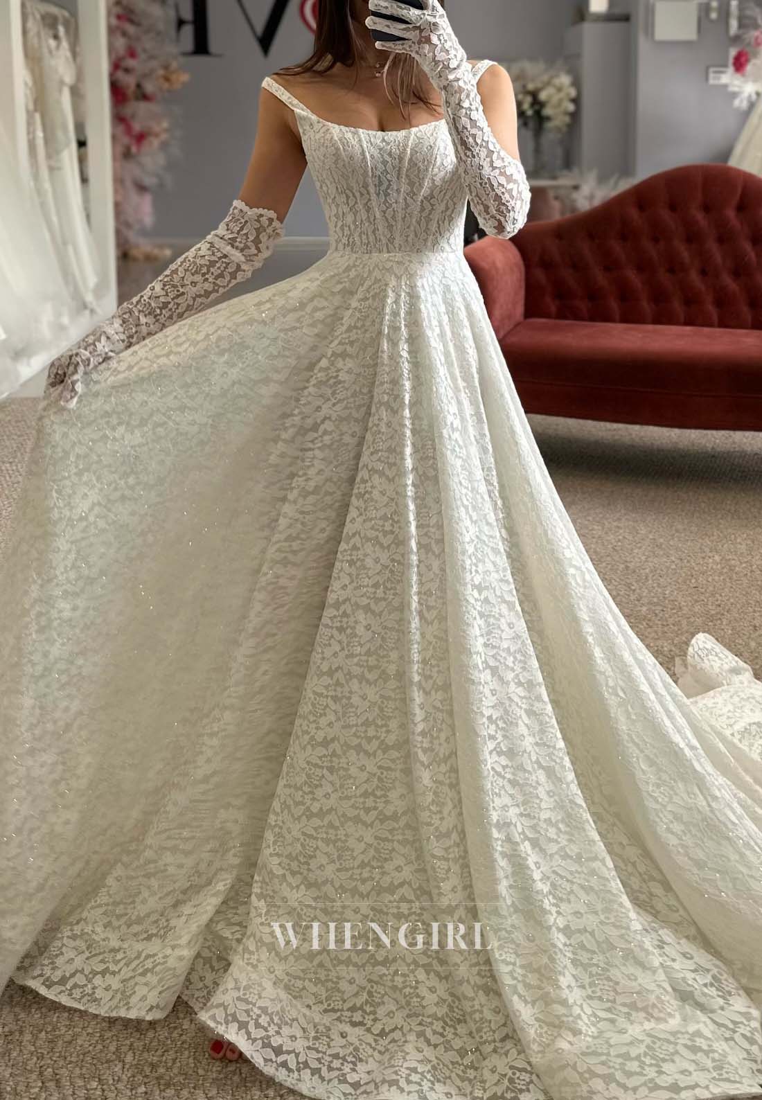 Sleeveless Bateau Neck A-Line Lace Wedding Dress with Court Train and Gloves