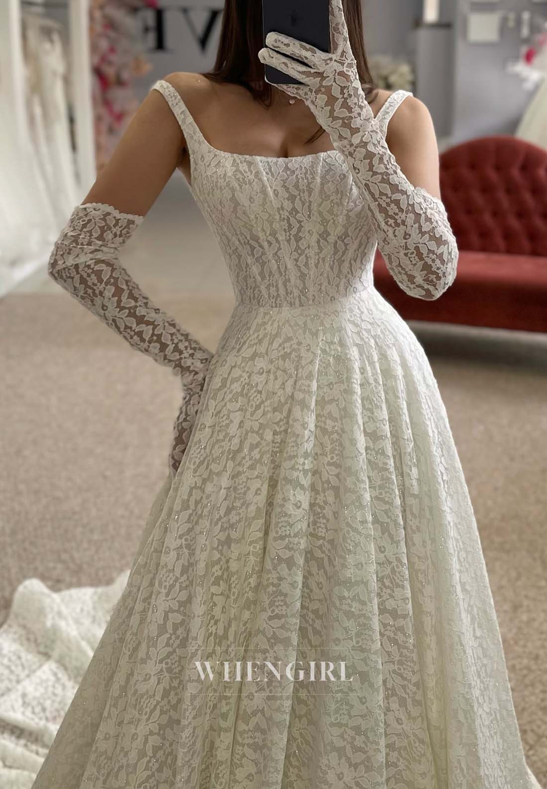 Sleeveless Bateau Neck A-Line Lace Wedding Dress with Court Train and Gloves