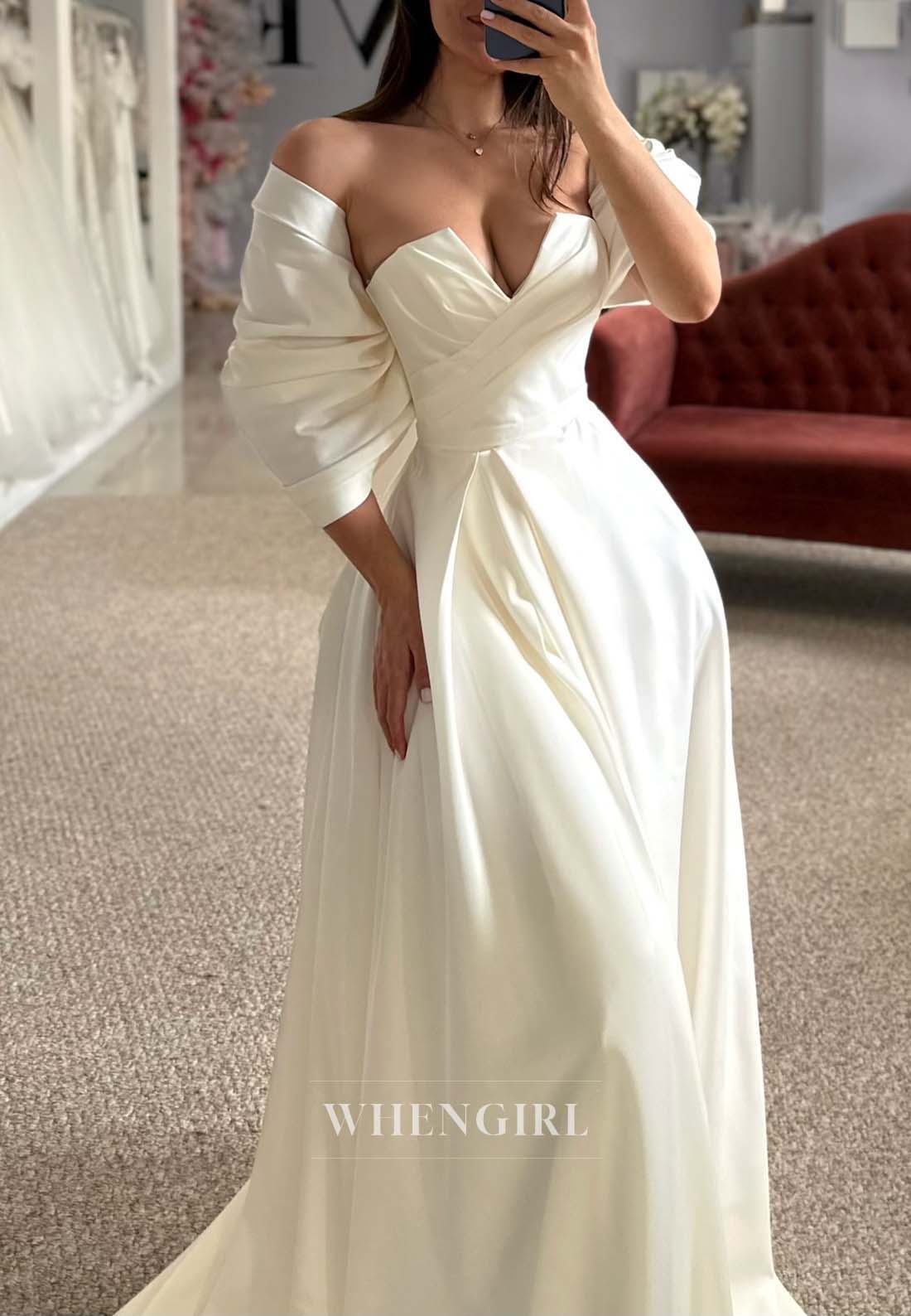 Classic V Neck Pleated Side Slit Sweep Train A-Line Wedding Dress