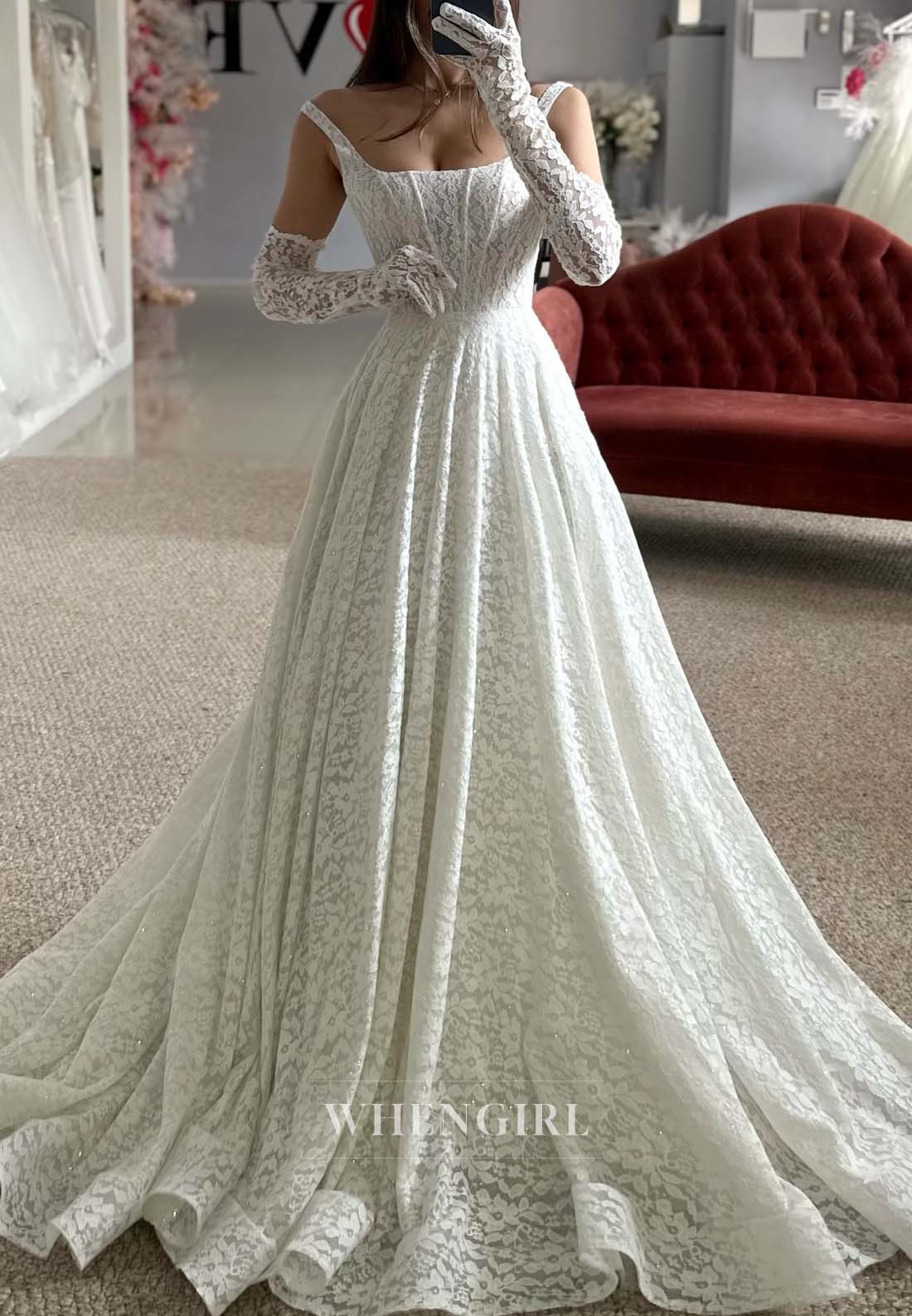 Sleeveless Bateau Neck A-Line Lace Wedding Dress with Court Train and Gloves