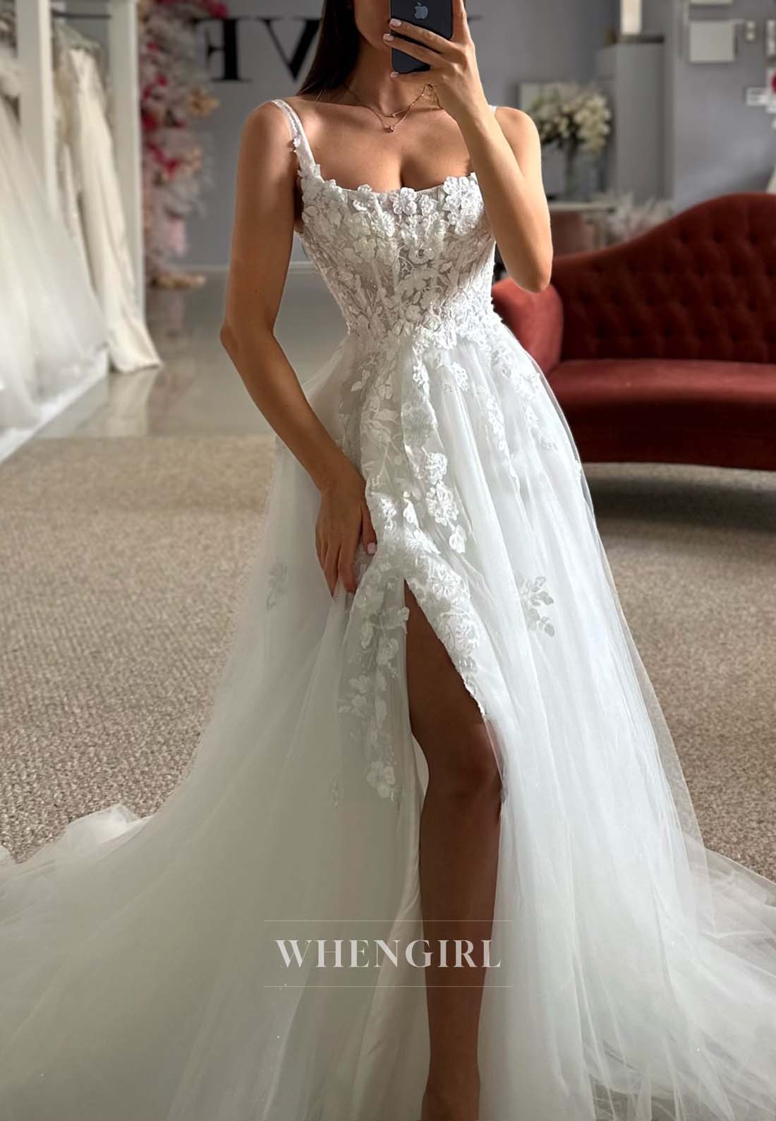 Bateau Neck Sleeveless Appliqued Tulle A-Line Side Slit Wedding Dress with Court Train