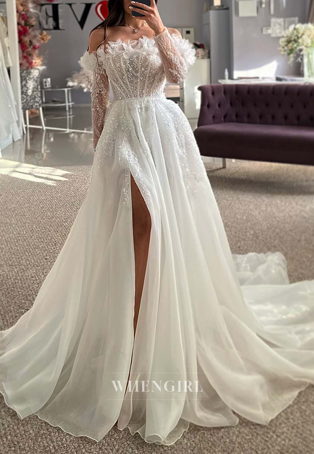 A-line Appliqued Long Sleeves Off Shoulder Side Slit Chiffon Wedding Dress with Court Train
