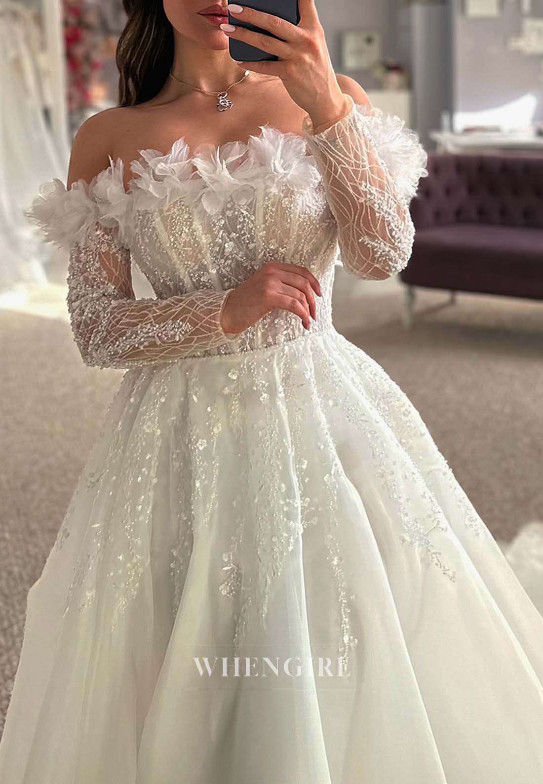 A-line Appliqued Long Sleeves Off Shoulder Side Slit Chiffon Wedding Dress with Court Train