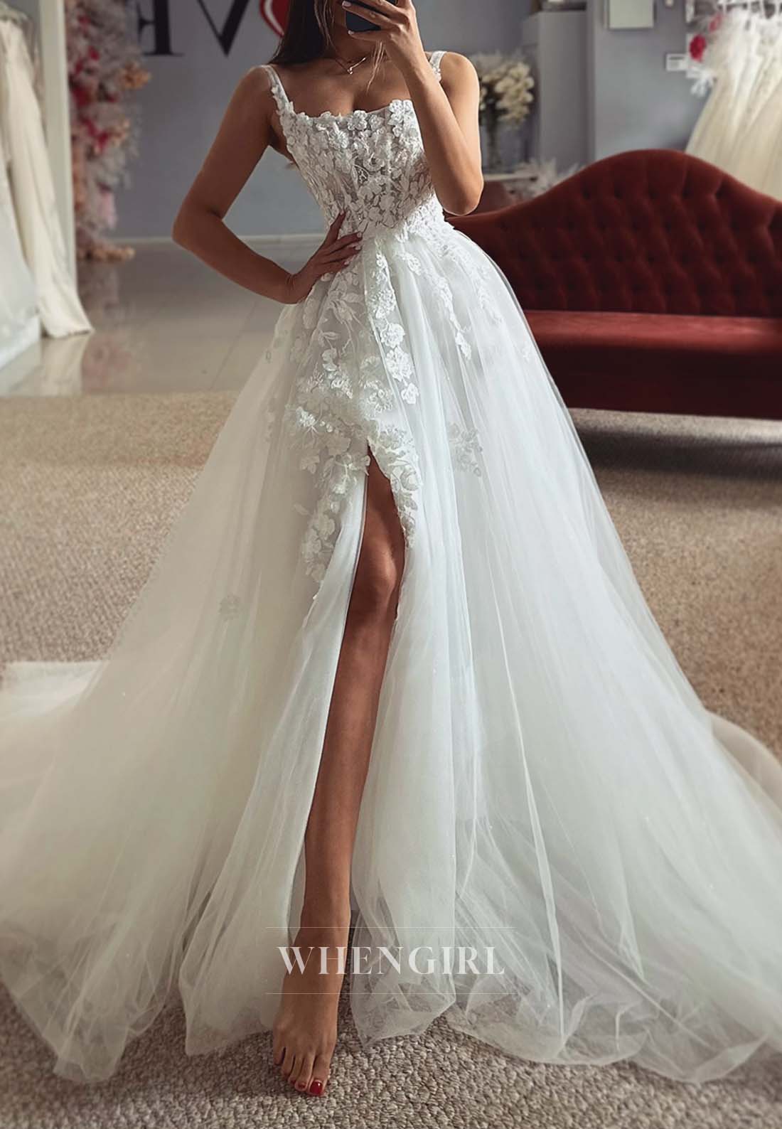 Bateau Neck Sleeveless Appliqued Tulle A-Line Side Slit Wedding Dress with Court Train