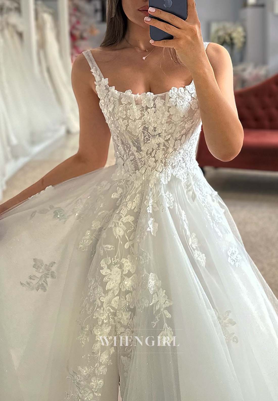 Bateau Neck Sleeveless Appliqued Tulle A-Line Side Slit Wedding Dress with Court Train