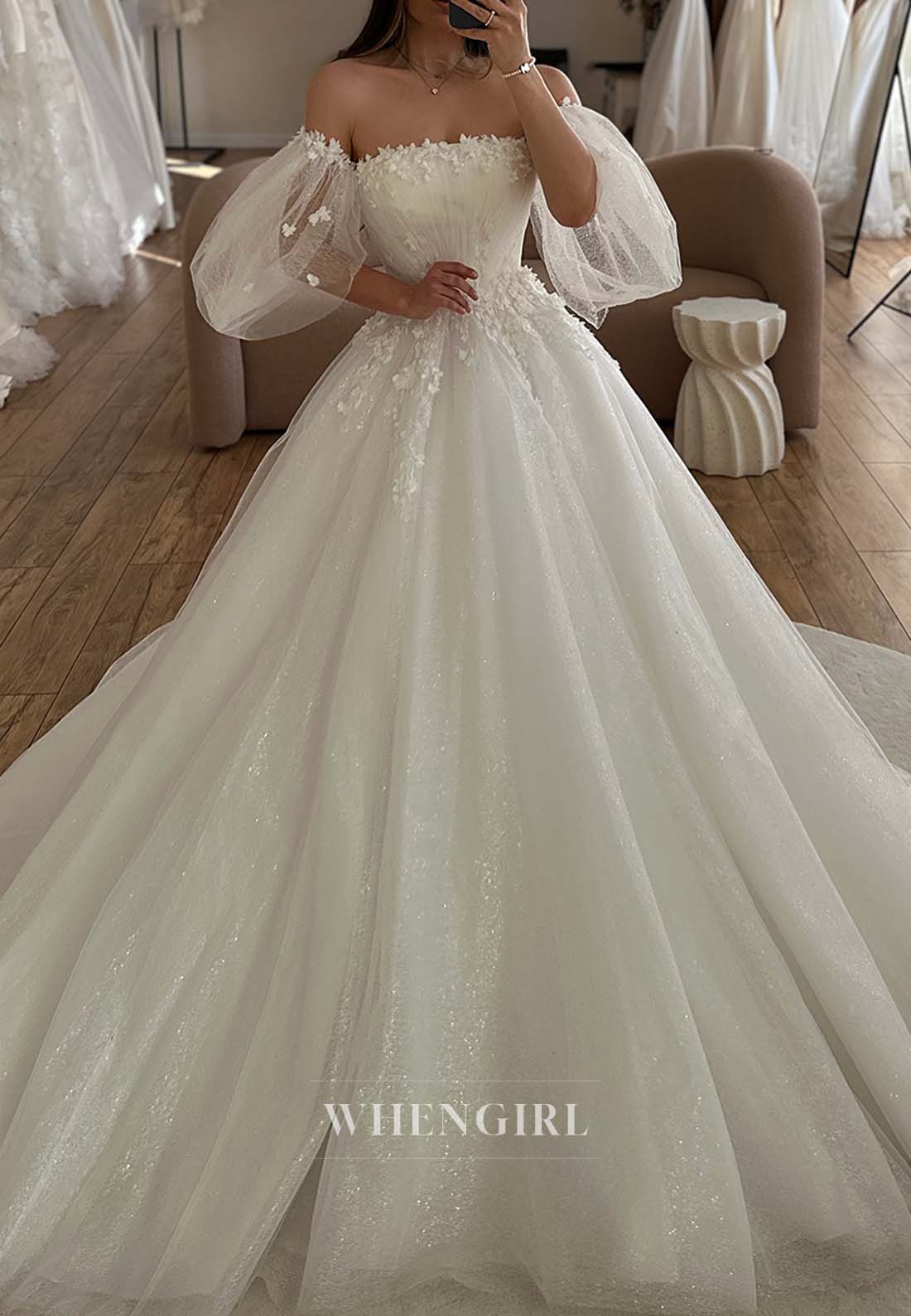 A-Line Short Puff Sleeves Strapless Appliqued Tulle Court Train Wedding Dress