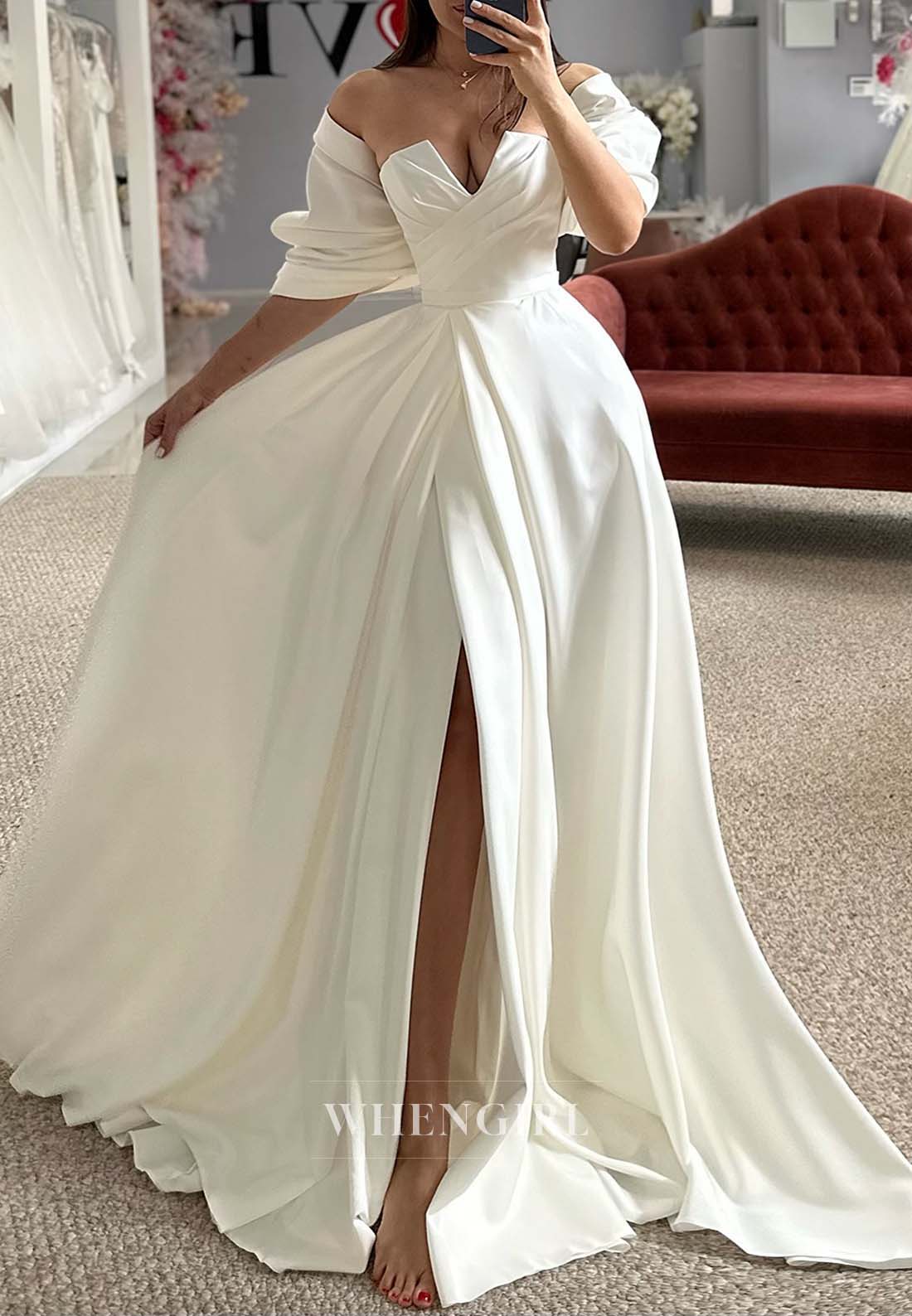 Classic V Neck Pleated Side Slit Sweep Train A-Line Wedding Dress