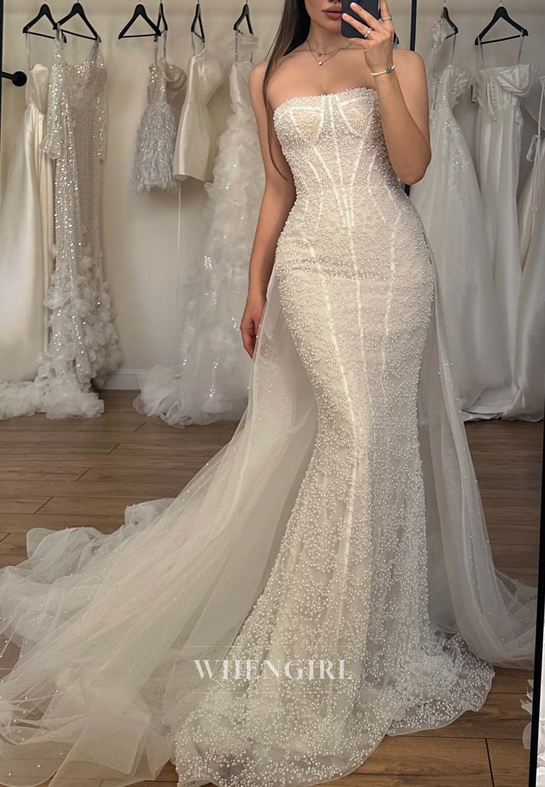 Graceful Off Shoulder Pearls Beading Mermaid Wedding Dress with Long Removable sleeves and Court Train