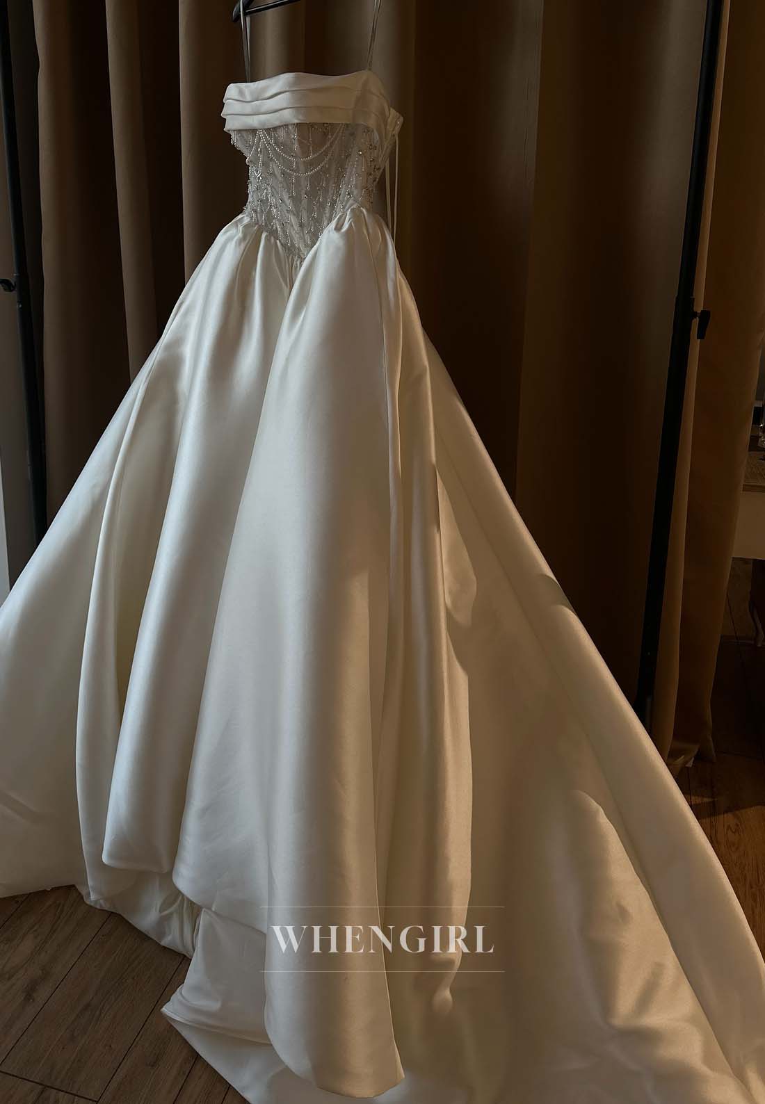 A-Line Pleated Rhinestone Beaded Sleeveless Satin Lace Up Wedding Dress