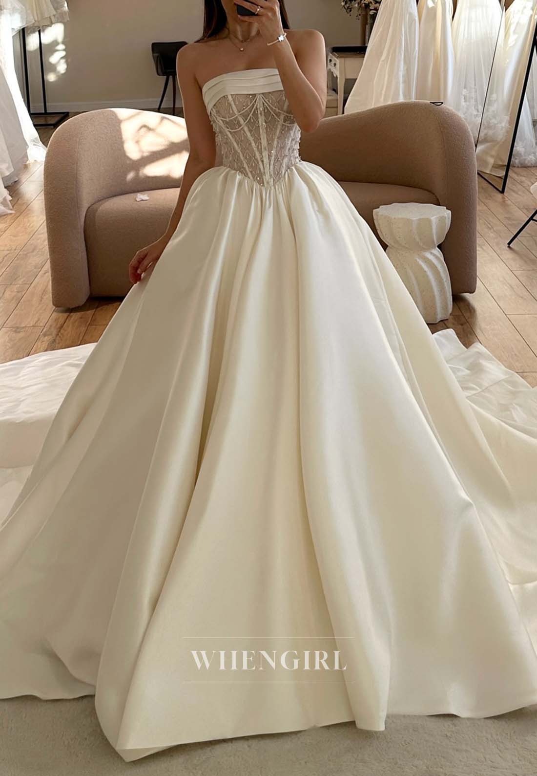 A-Line Pleated Rhinestone Beaded Sleeveless Satin Lace Up Wedding Dress