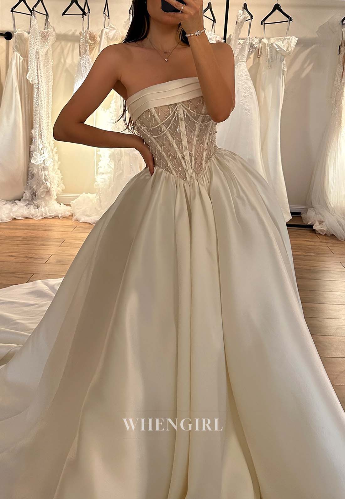 A-Line Pleated Rhinestone Beaded Sleeveless Satin Lace Up Wedding Dress