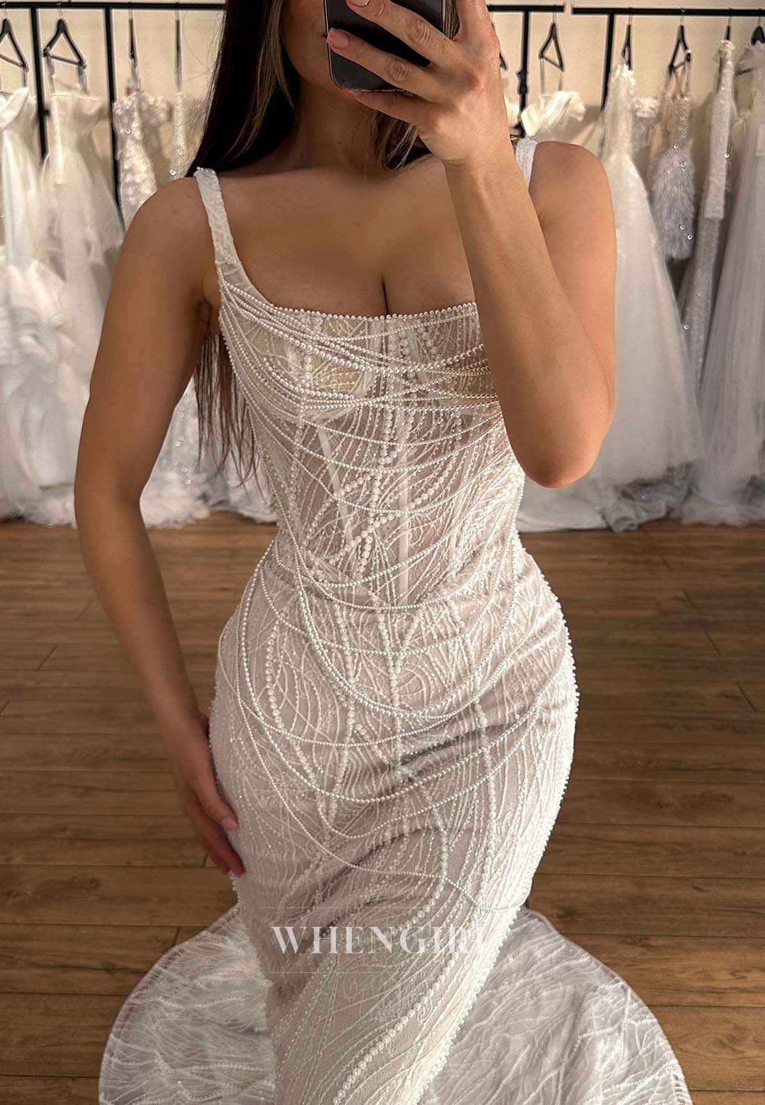 Sheath Pearl Beading Sleeveless Square Neck Sweep Train Wedding Dress