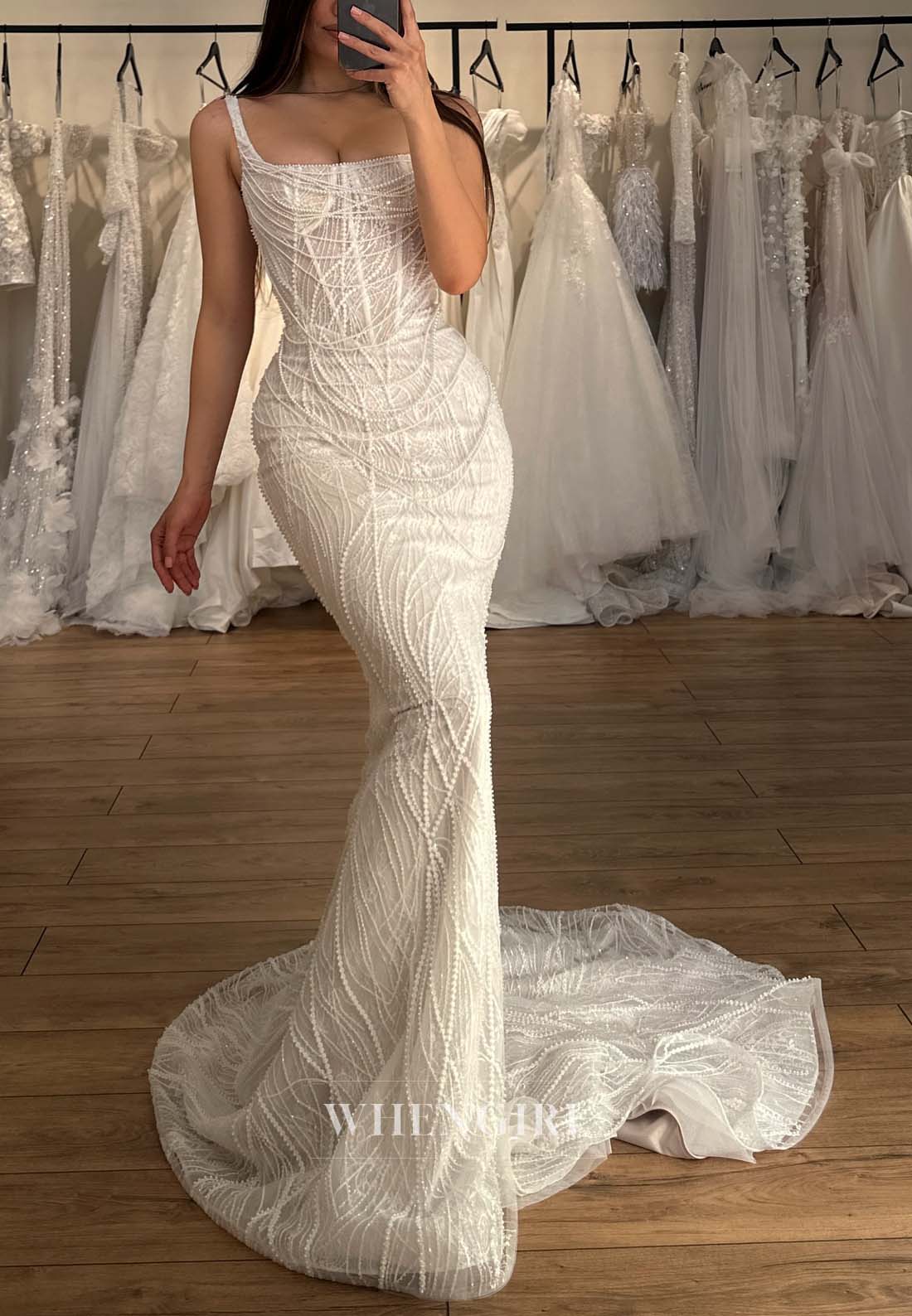 Sheath Pearl Beading Sleeveless Square Neck Sweep Train Wedding Dress
