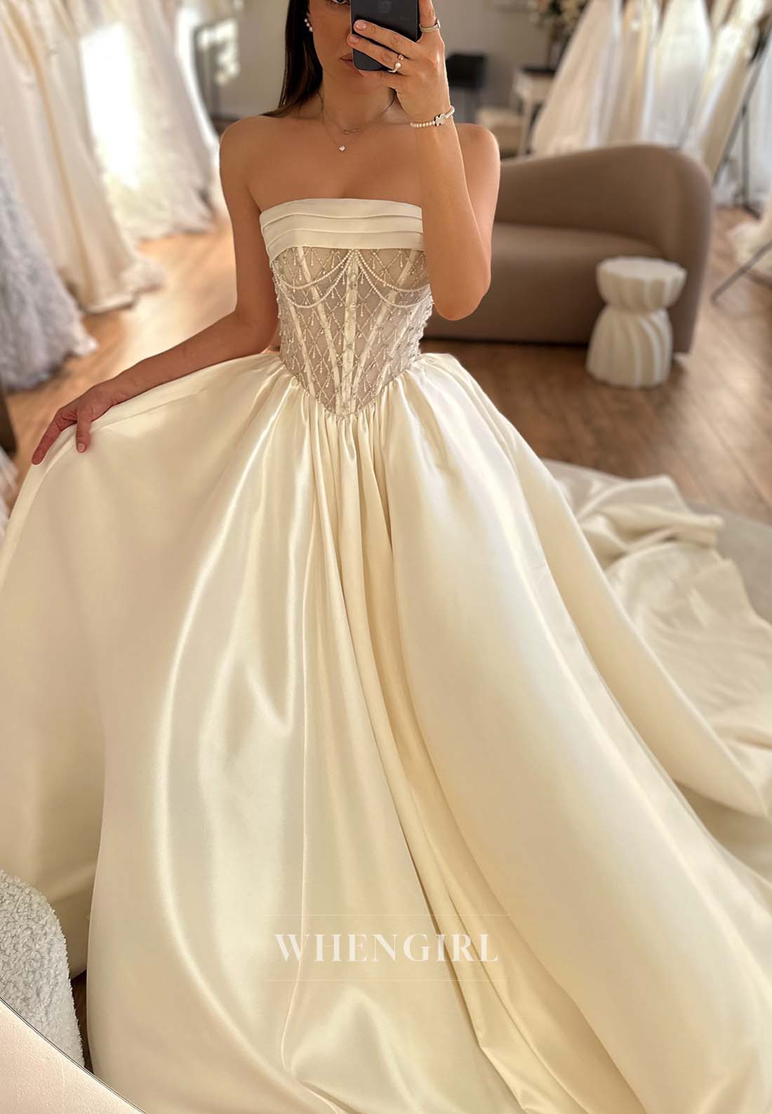 A-Line Pleated Rhinestone Beaded Sleeveless Satin Lace Up Wedding Dress