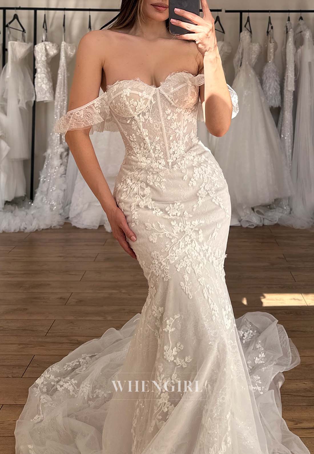Sweetheart Off Shoulder Sleeveless Mermaid Wedding Dress with Appliques