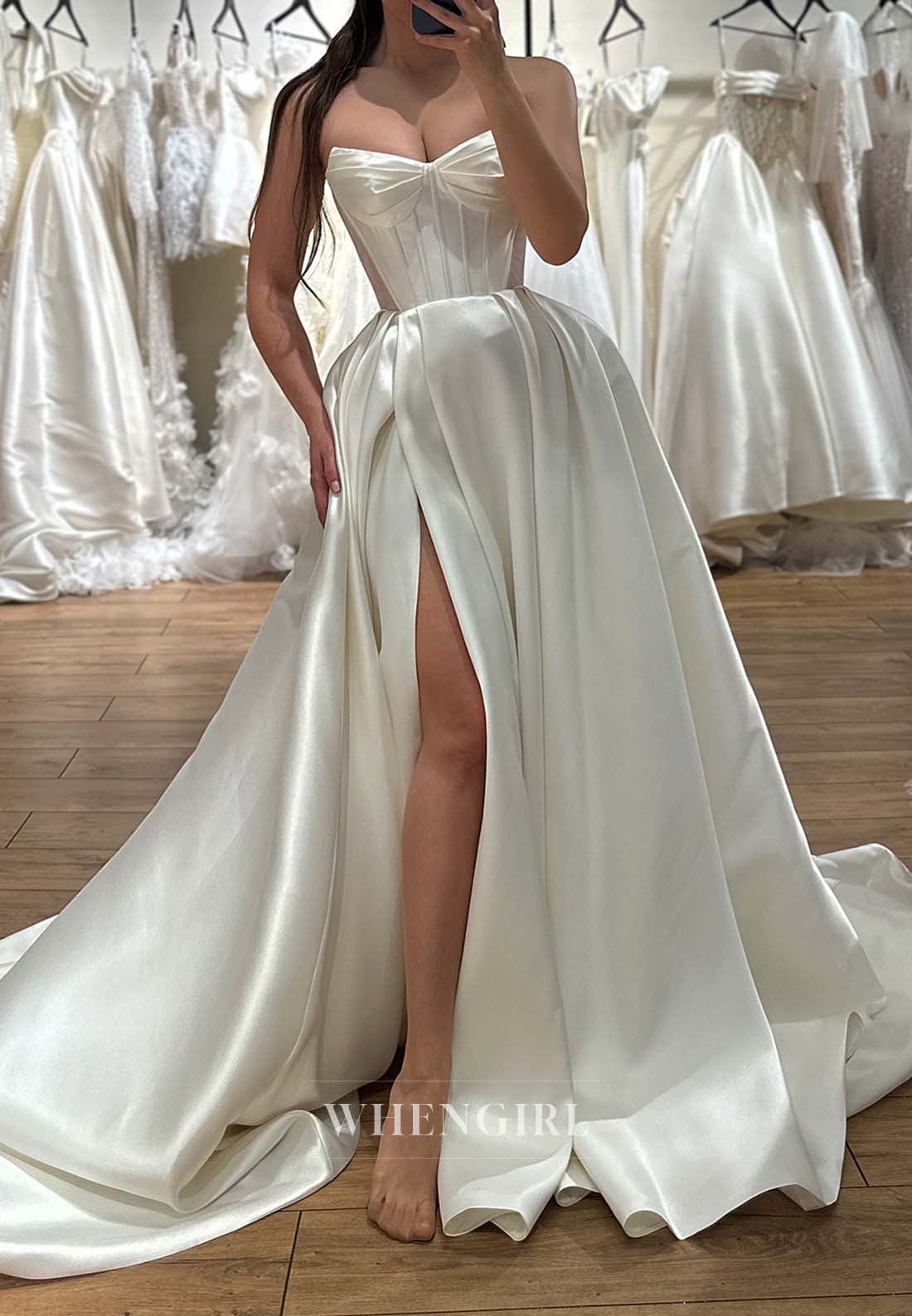 Classical V Neck Sleeveless Pleated Ball Gown Satin Wedding Dress with Side Slit and Court Train