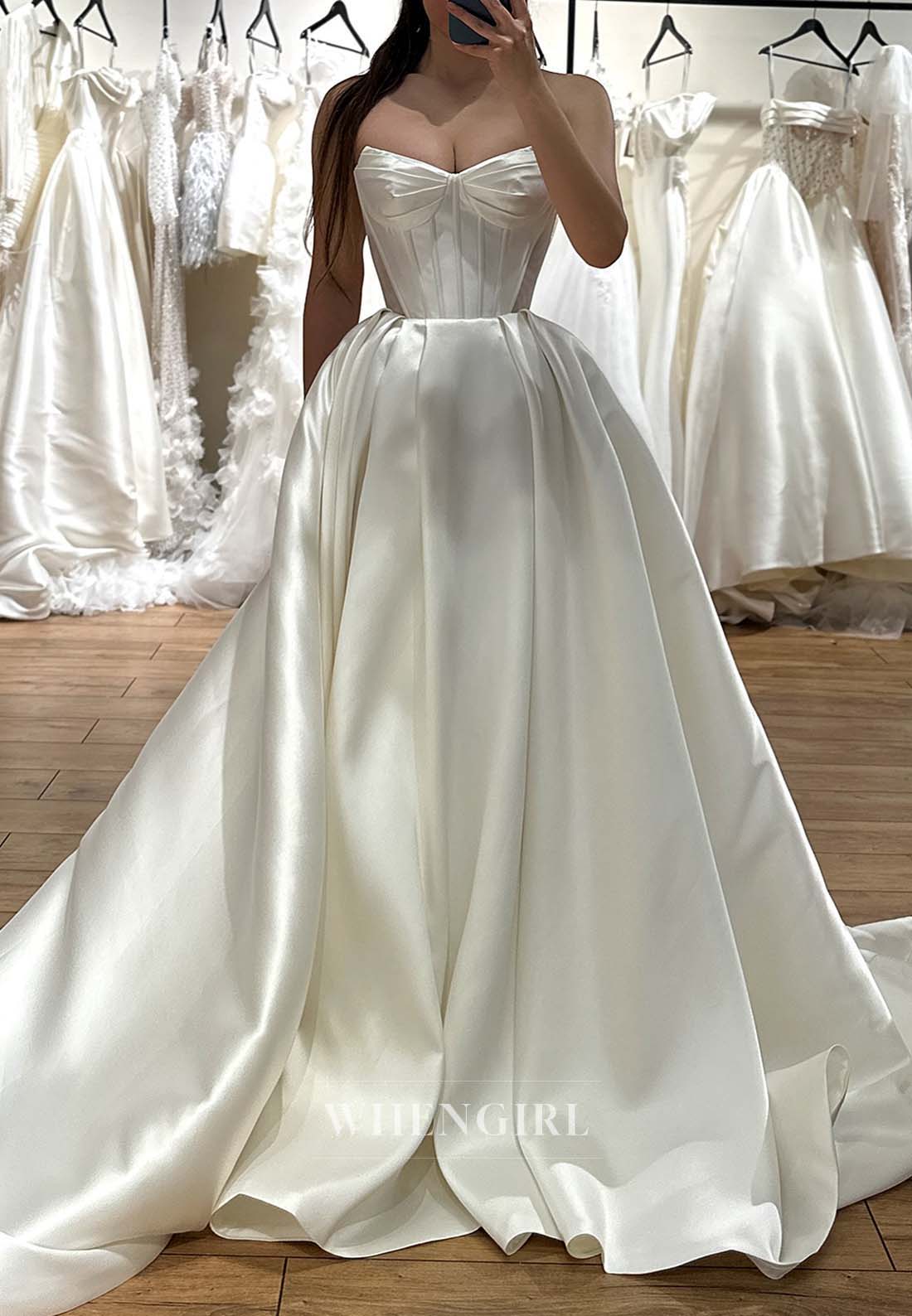 Classical V Neck Sleeveless Pleated Ball Gown Satin Wedding Dress with Side Slit and Court Train