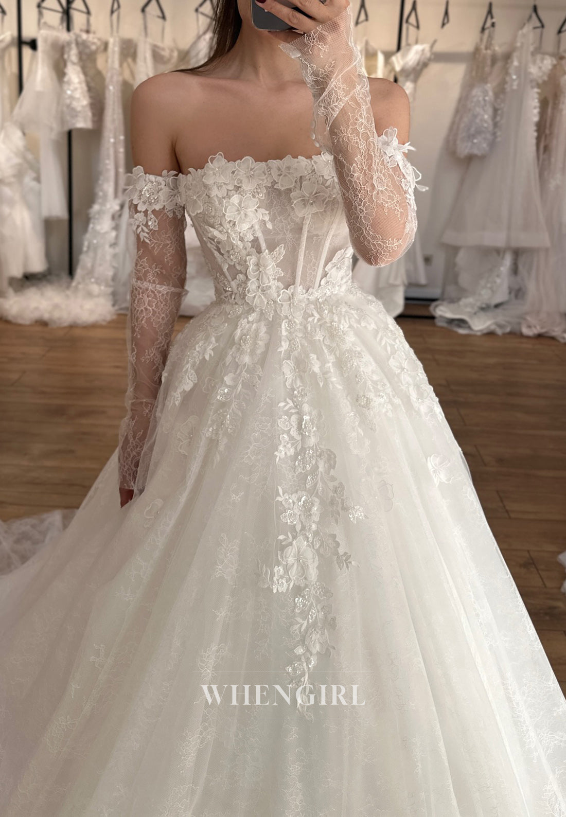 A-Line Court Train Off the Shoulder Tulle Long Sleeve Floral Wedding Dress