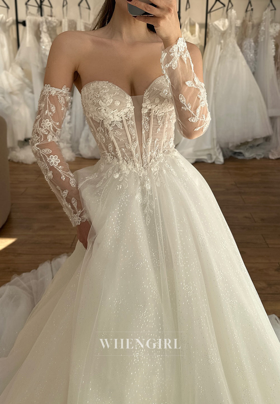 A-Line Off the Shoulder Strapless Sweetheart Glitter Wedding Dresses with Train