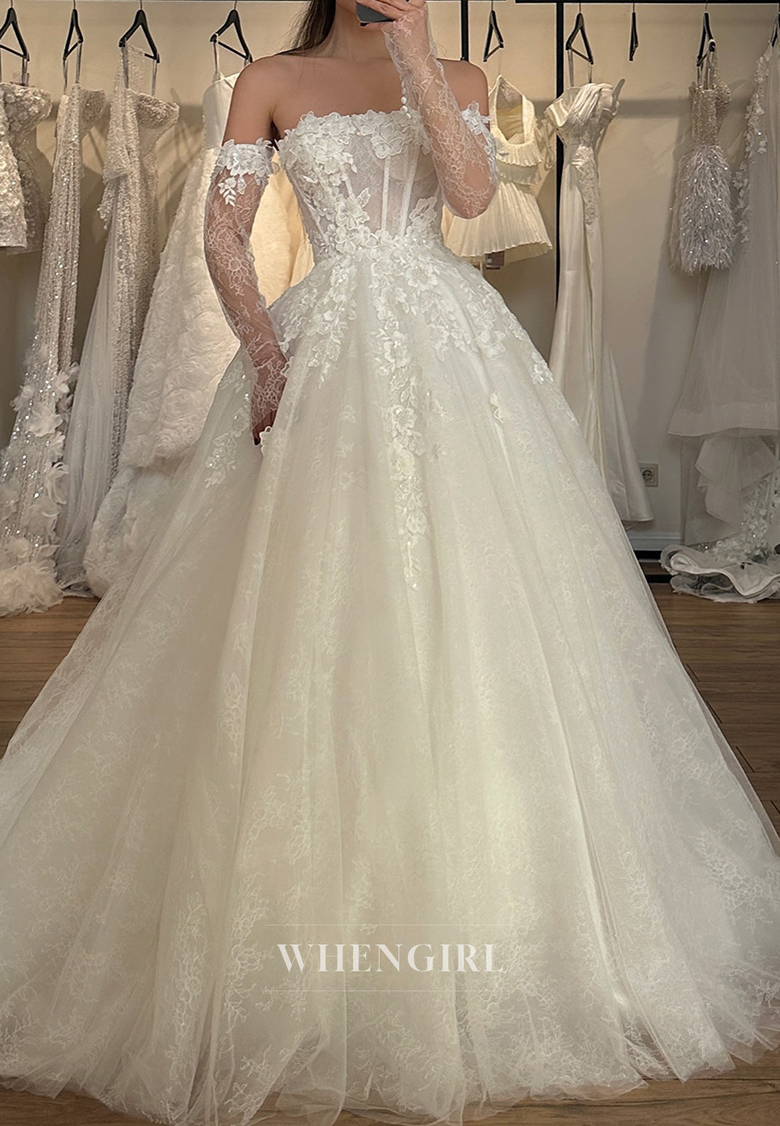 A-Line Court Train Off the Shoulder Tulle Long Sleeve Floral Wedding Dress