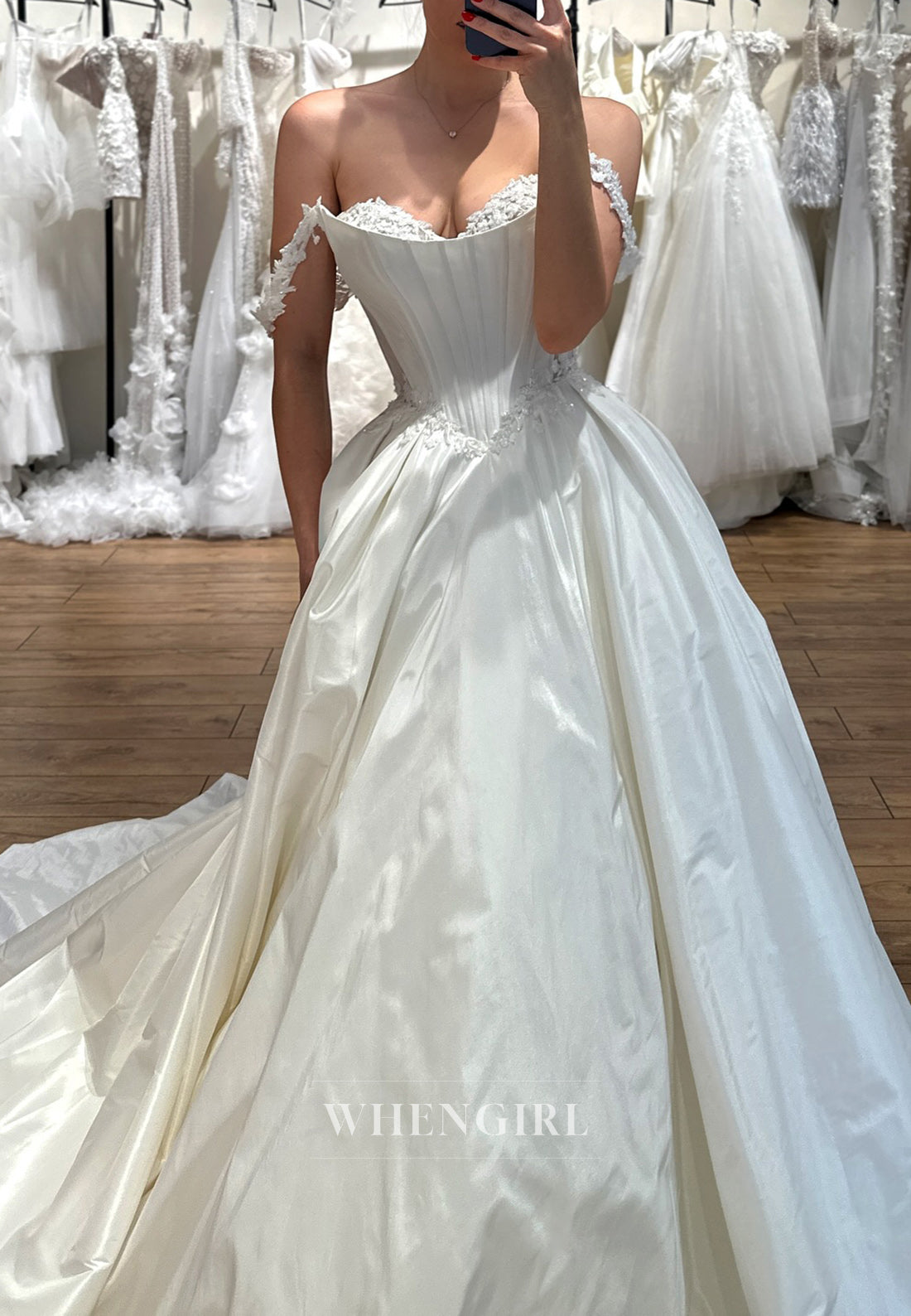A-line Sweetheart Off the Shoulder Satin Wedding Dresses with Court Train