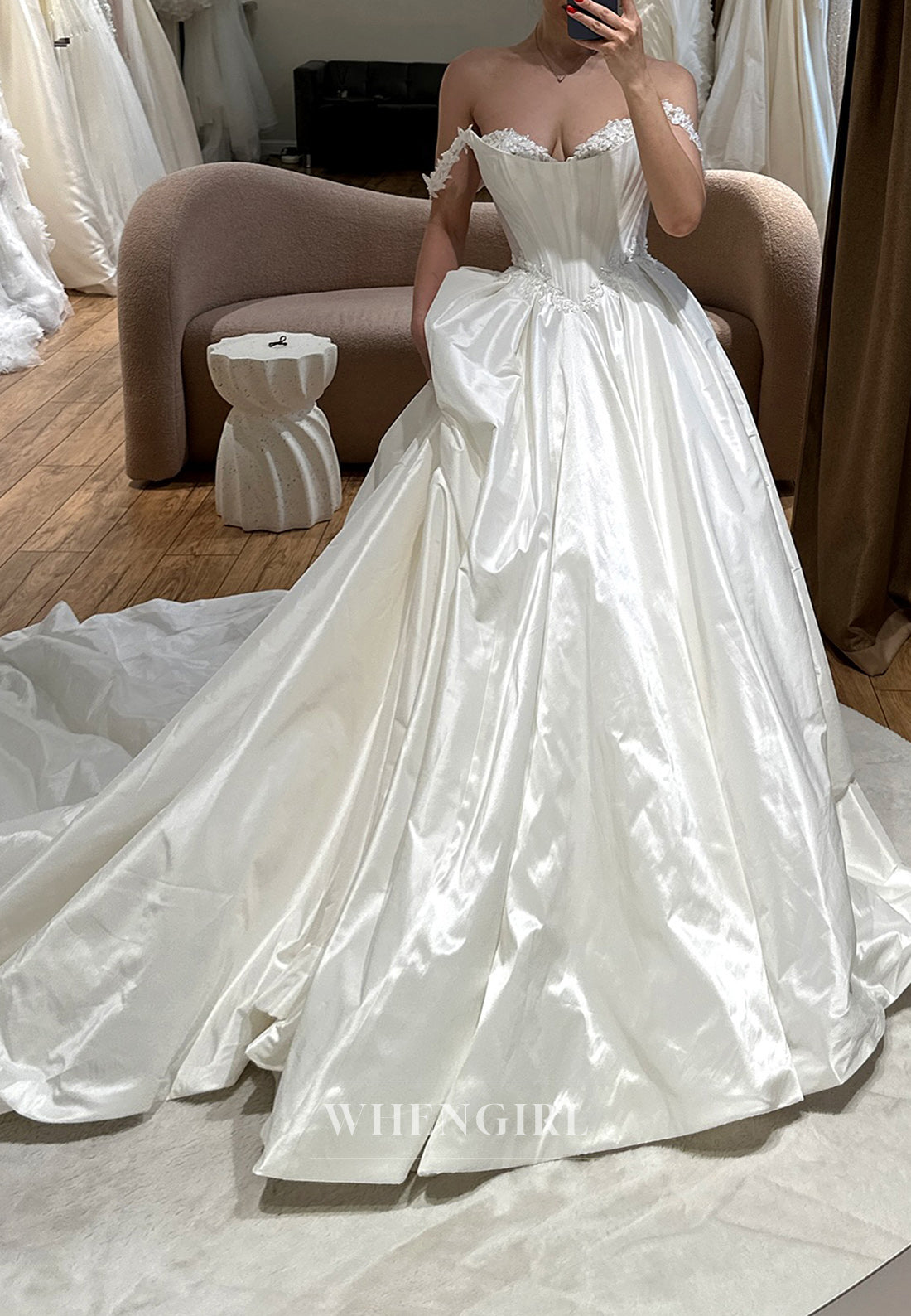 A-line Sweetheart Off the Shoulder Satin Wedding Dresses with Court Tr WhenGirl A-line Sweetheart Off the Shoulder Satin Wedding Dresses with Court Tr WhenGirl
