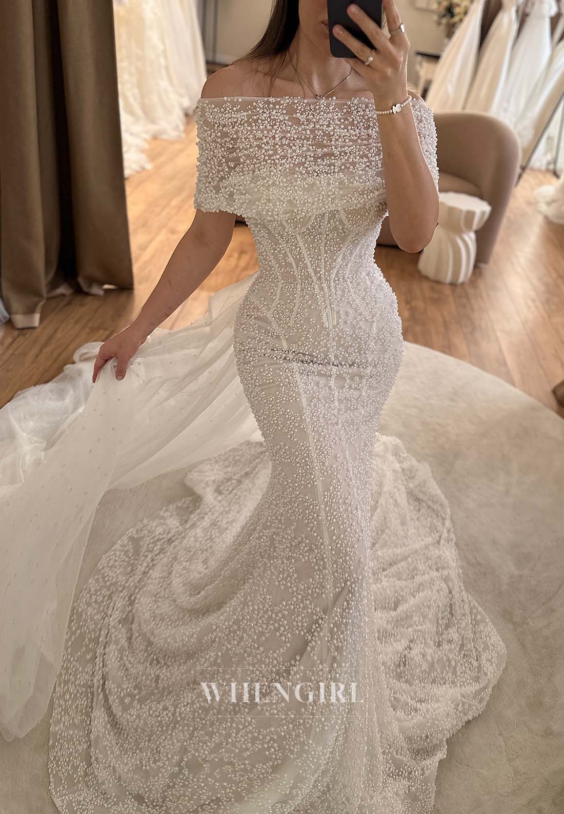 Graceful Off Shoulder Pearls Beading Mermaid Wedding Dress with Long Removable sleeves and Court Train